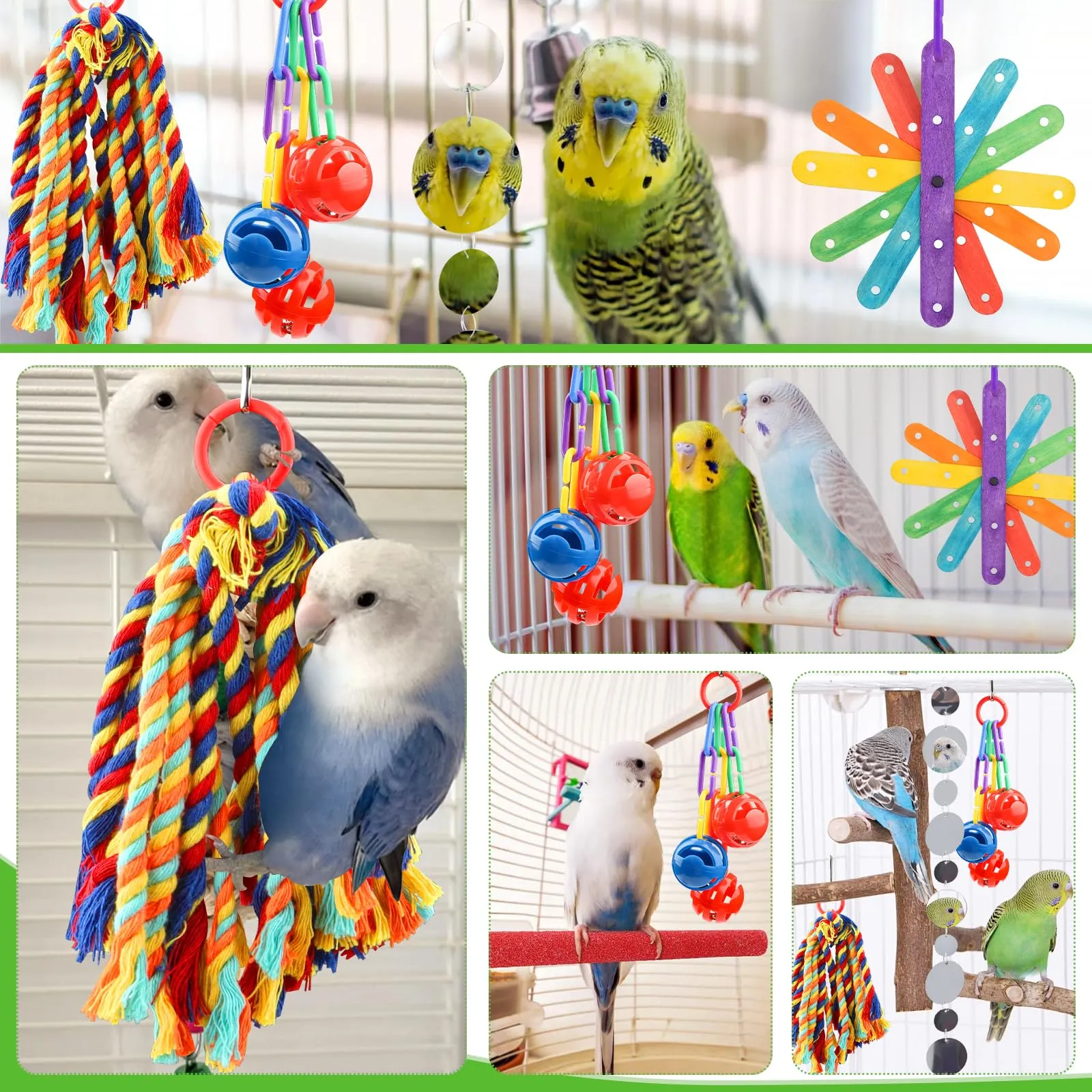 QUOZUO 4 Pezzi Giocattoli Pappagallo di Uccelli, Colorato Uccello Giochi da Masticare Altalena Appesa Giocattoli Gabbia, Colorato legno giocattolo, Corda Perch per Piccoli e Medio uccelli - immagine 4