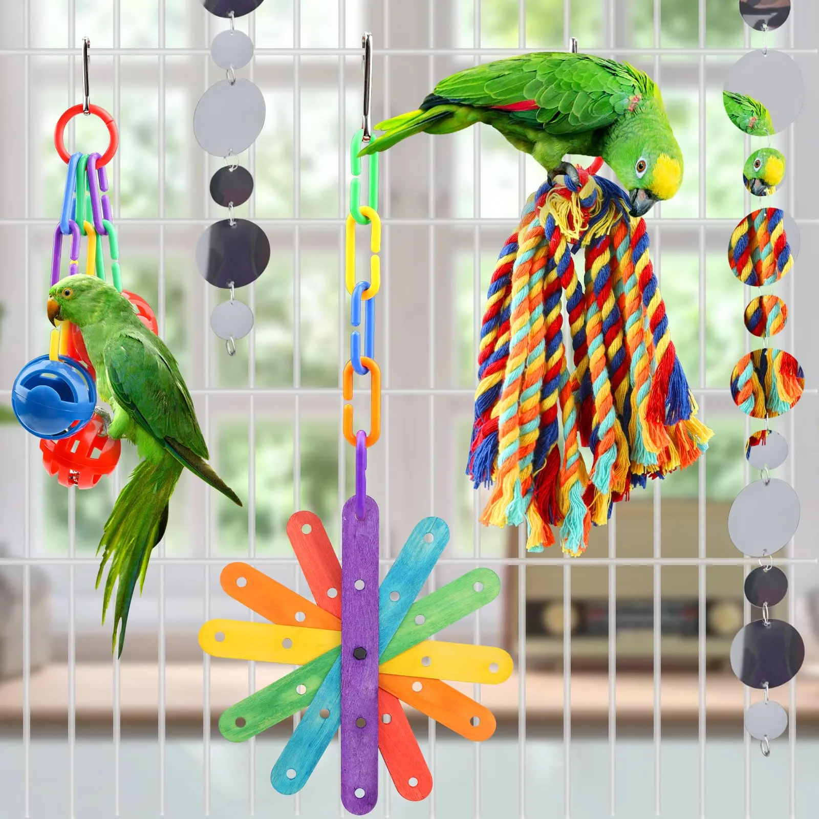 QUOZUO 4 Pezzi Giocattoli Pappagallo di Uccelli, Colorato Uccello Giochi da Masticare Altalena Appesa Giocattoli Gabbia, Colorato legno giocattolo, Corda Perch per Piccoli e Medio uccelli - immagine 6