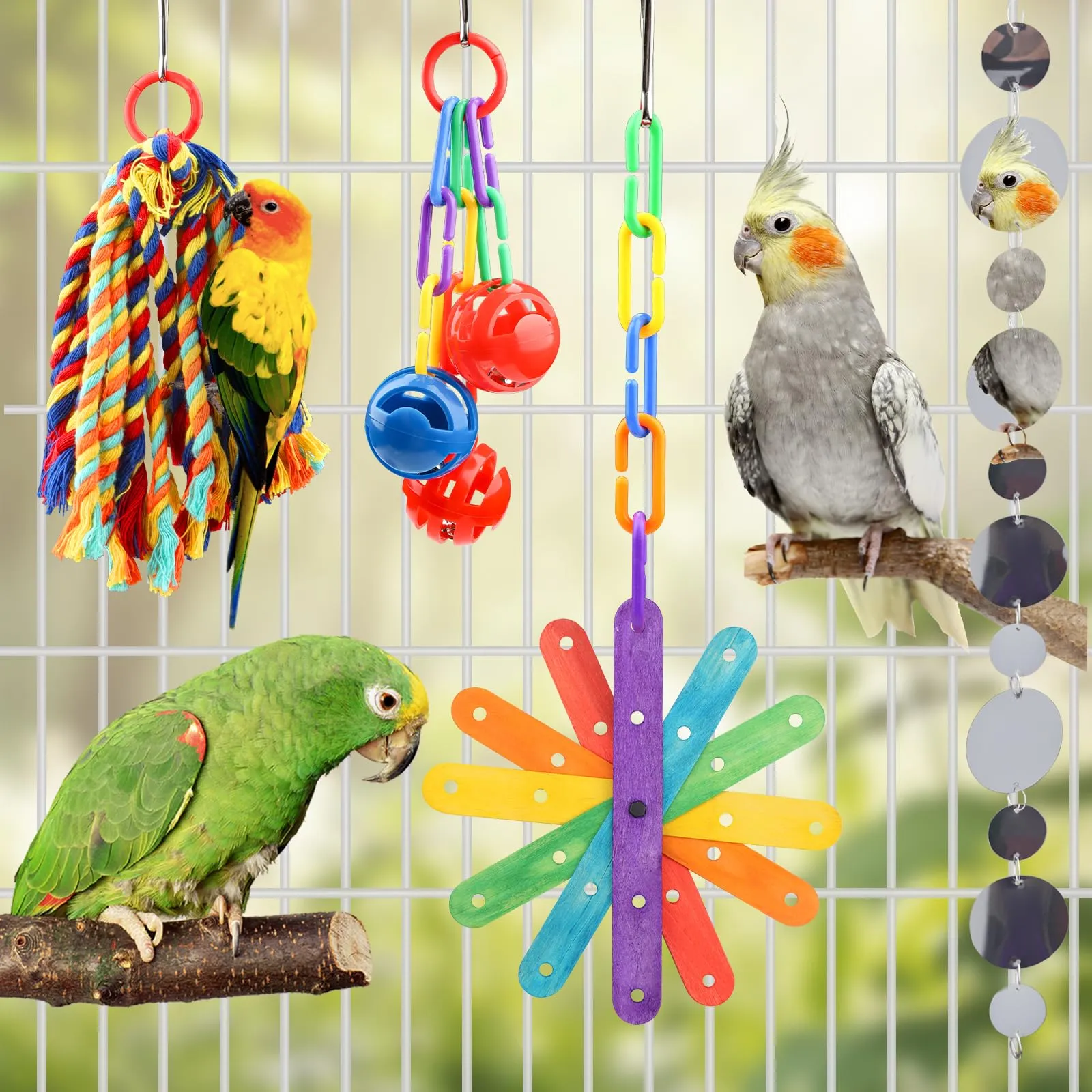 QUOZUO 4 Pezzi Giocattoli Pappagallo di Uccelli, Colorato Uccello Giochi da Masticare Altalena Appesa Giocattoli Gabbia, Colorato legno giocattolo, Corda Perch per Piccoli e Medio uccelli - immagine 7