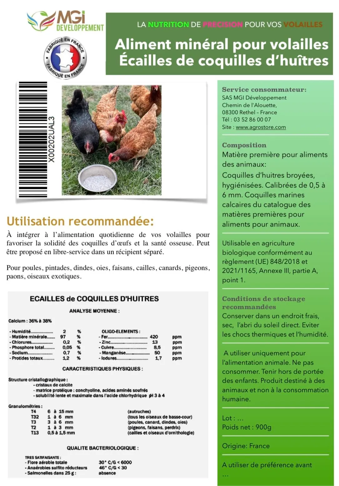 Scaglie Di Conchiglia Di Ostra - Mangime Minerale Per Pollame - Fonte Di Calcio Naturale - Galline, Quaglie, Faraone - Prodotto E Confezionato In Francia (900g) - immagine 2