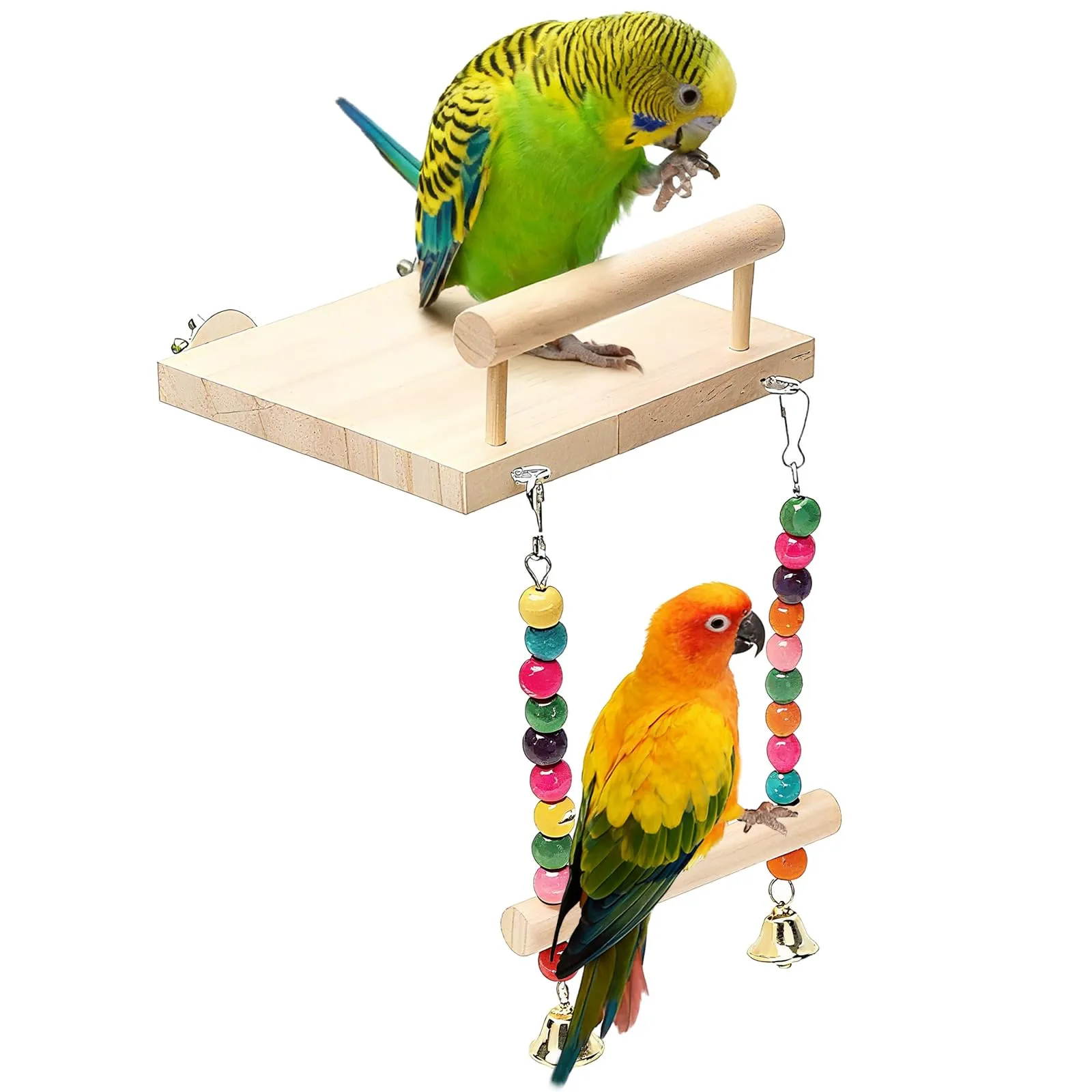 ZhouWei Trespolo per Pappagalli, Altalena Uccello in Legno Naturale Posatoi per Uccelli con Campana Giochi Posatoio per Pappagalli Giochi per Uccelli, per Piccolo Medi Calopsitte Parrocchetti - immagine 1