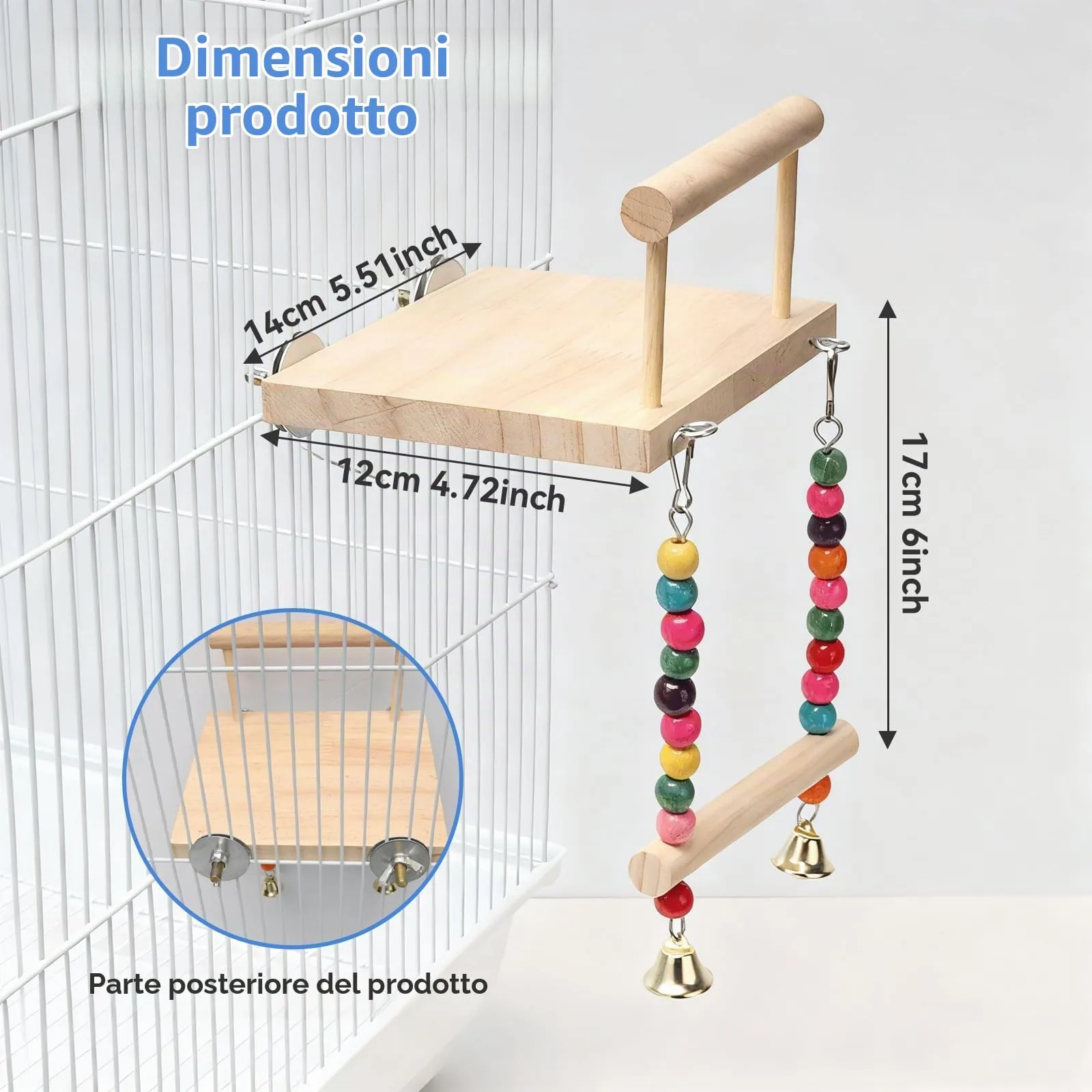 ZhouWei Trespolo per Pappagalli, Altalena Uccello in Legno Naturale Posatoi per Uccelli con Campana Giochi Posatoio per Pappagalli Giochi per Uccelli, per Piccolo Medi Calopsitte Parrocchetti - immagine 2