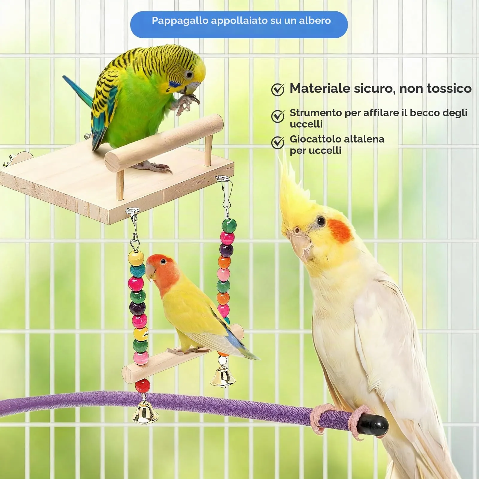 ZhouWei Trespolo per Pappagalli, Altalena Uccello in Legno Naturale Posatoi per Uccelli con Campana Giochi Posatoio per Pappagalli Giochi per Uccelli, per Piccolo Medi Calopsitte Parrocchetti - immagine 4