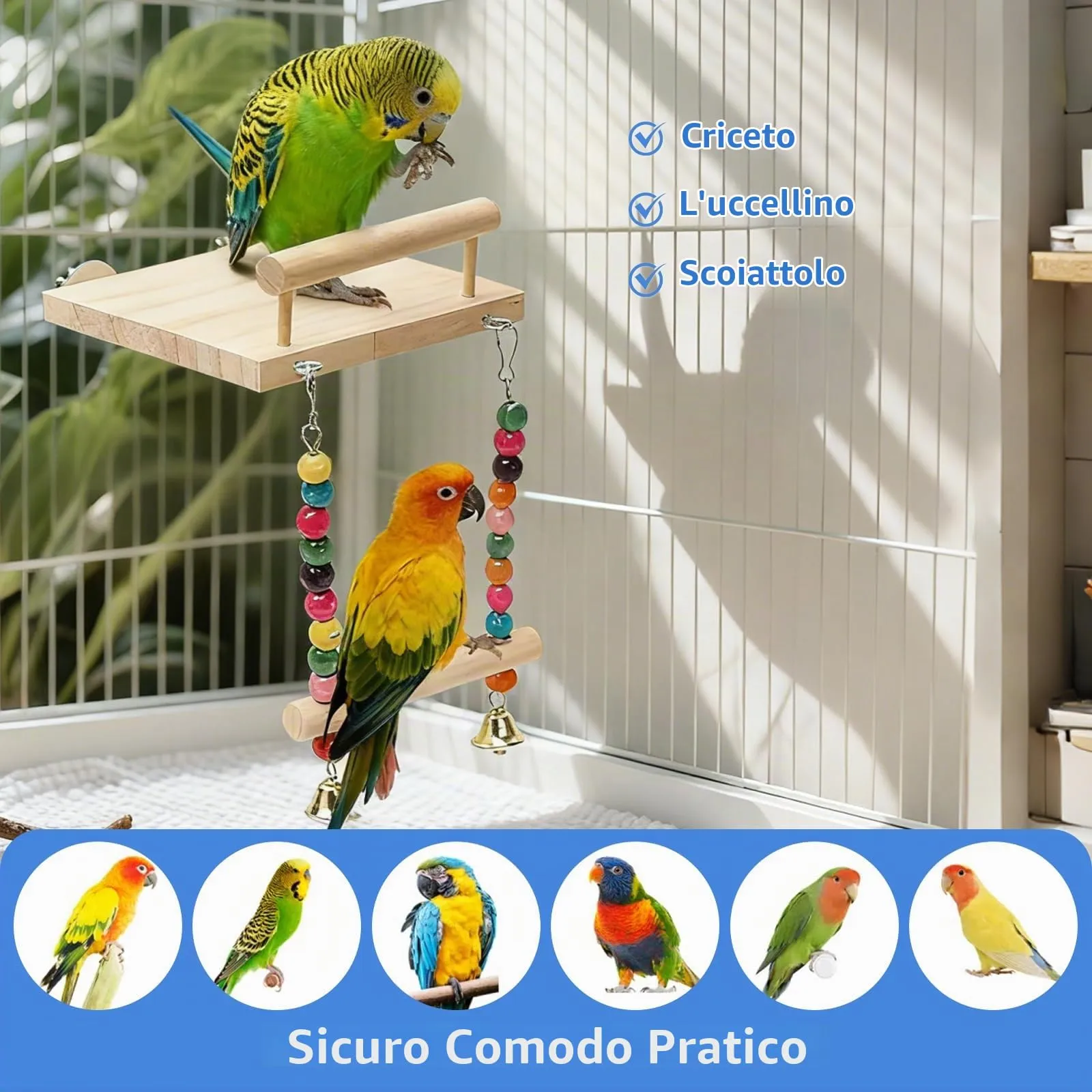 ZhouWei Trespolo per Pappagalli, Altalena Uccello in Legno Naturale Posatoi per Uccelli con Campana Giochi Posatoio per Pappagalli Giochi per Uccelli, per Piccolo Medi Calopsitte Parrocchetti - immagine 5