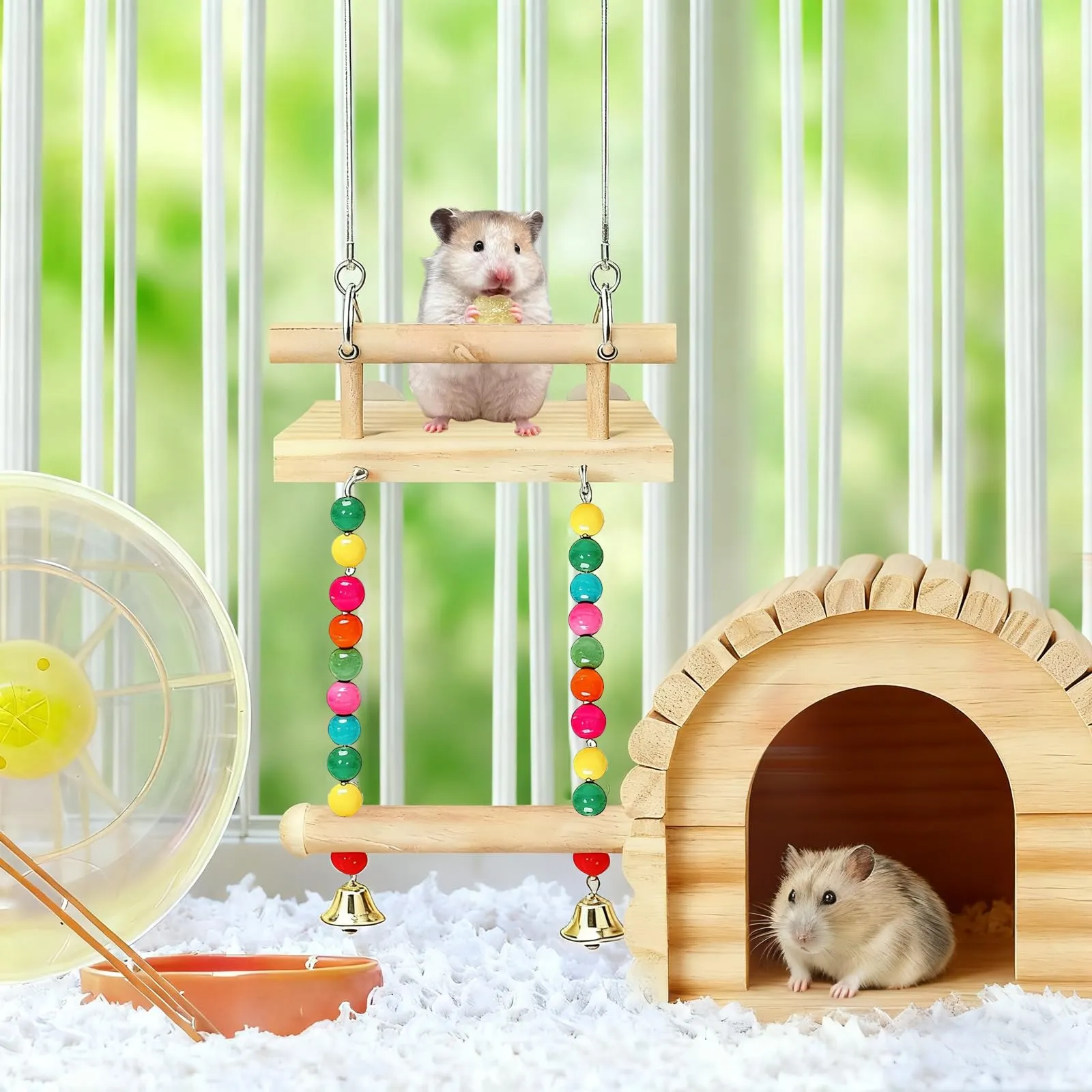 ZhouWei Trespolo per Pappagalli, Altalena Uccello in Legno Naturale Posatoi per Uccelli con Campana Giochi Posatoio per Pappagalli Giochi per Uccelli, per Piccolo Medi Calopsitte Parrocchetti - immagine 6