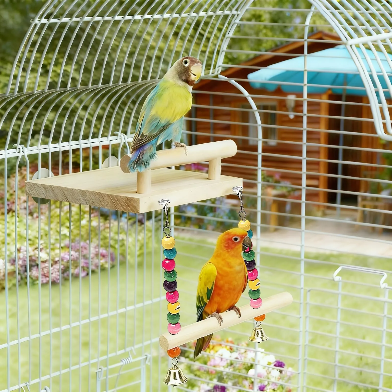 ZhouWei Trespolo per Pappagalli, Altalena Uccello in Legno Naturale Posatoi per Uccelli con Campana Giochi Posatoio per Pappagalli Giochi per Uccelli, per Piccolo Medi Calopsitte Parrocchetti - immagine 7