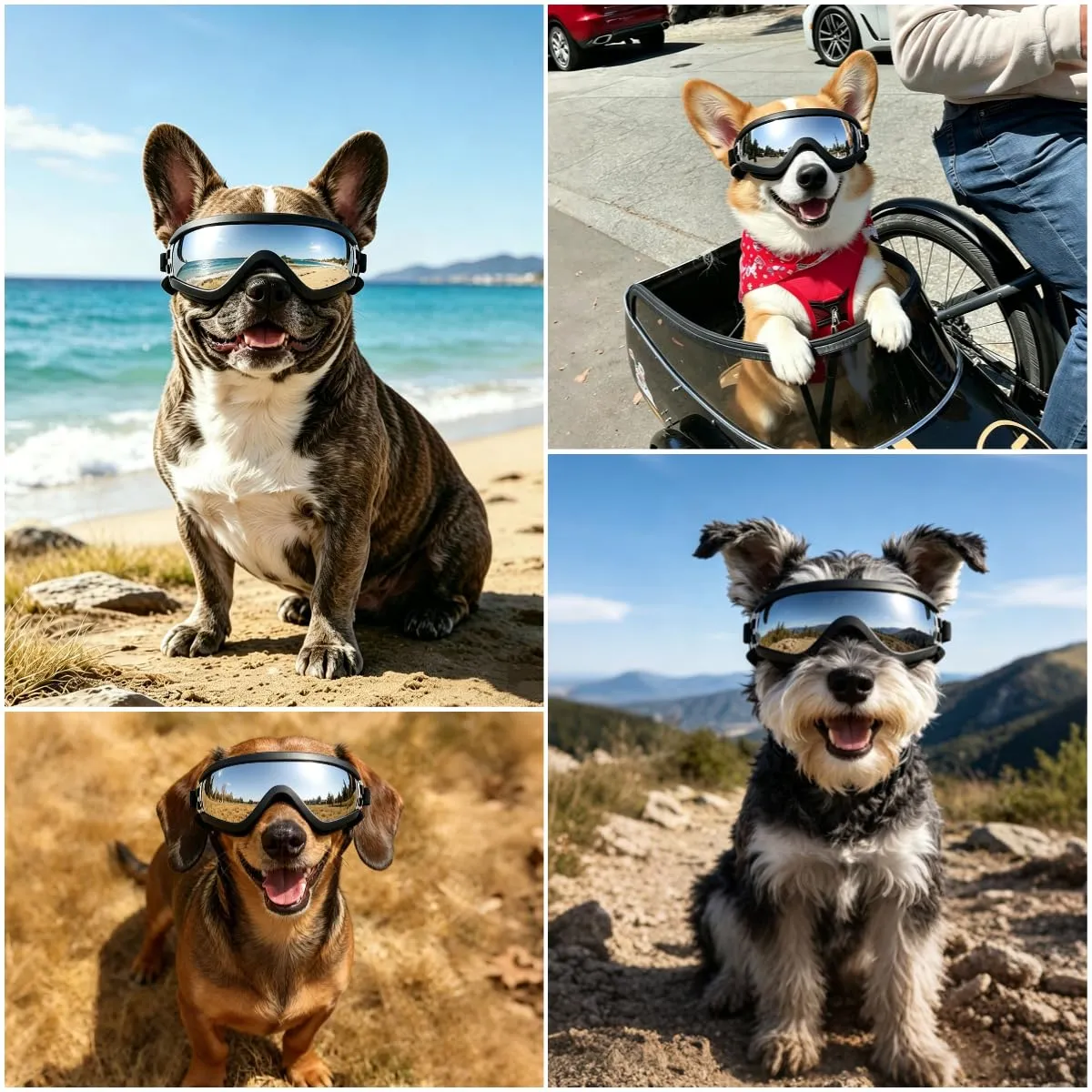 PETLESO Occhiali da moto per cani di taglia media, anti-UV, antivento, con fascia elastica regolabile, occhiali da sole per cani di taglia media, argento, M - immagine 2