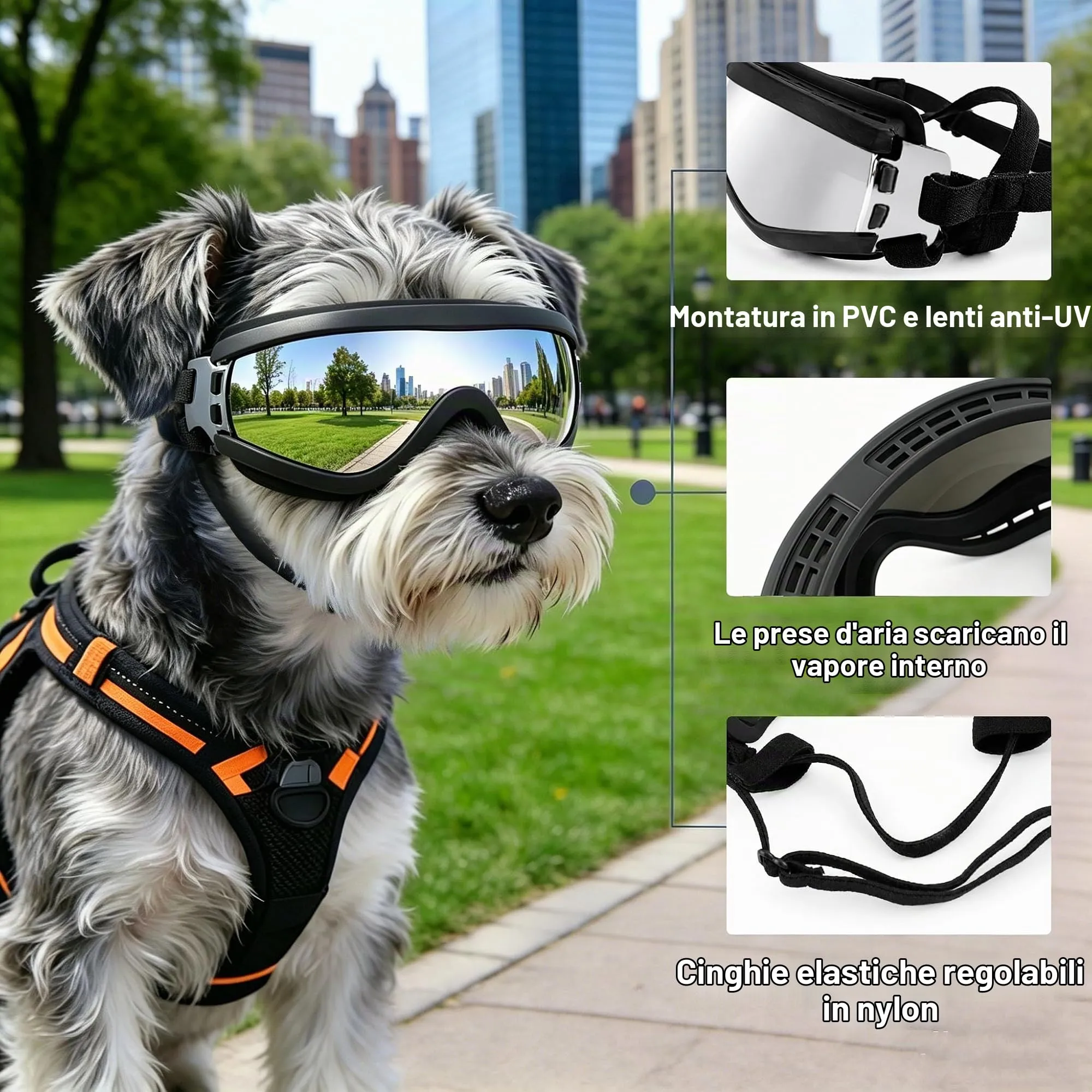 PETLESO Occhiali da moto per cani di taglia media, anti-UV, antivento, con fascia elastica regolabile, occhiali da sole per cani di taglia media, argento, M - immagine 3