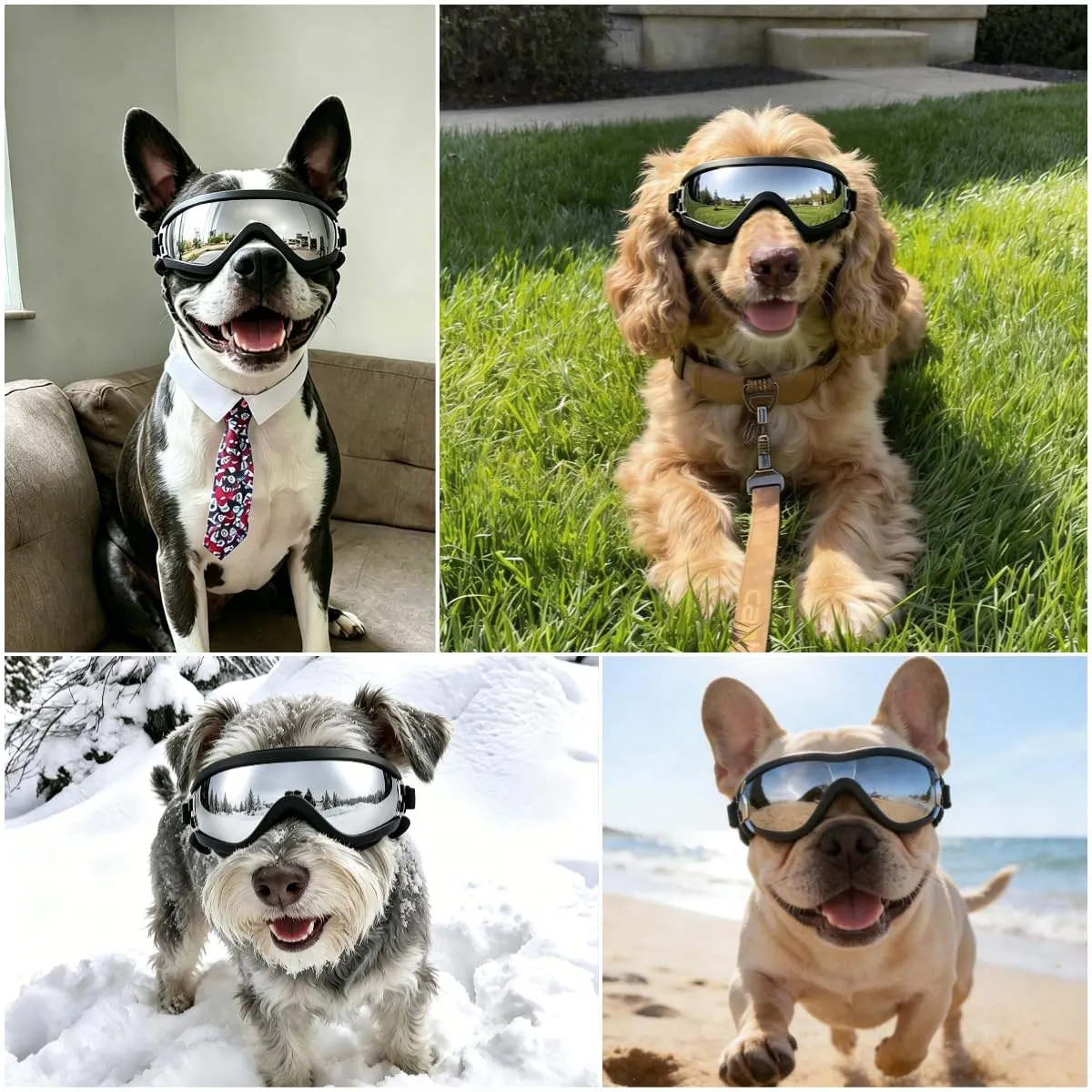 PETLESO Occhiali da moto per cani di taglia media, anti-UV, antivento, con fascia elastica regolabile, occhiali da sole per cani di taglia media, argento, M - immagine 6