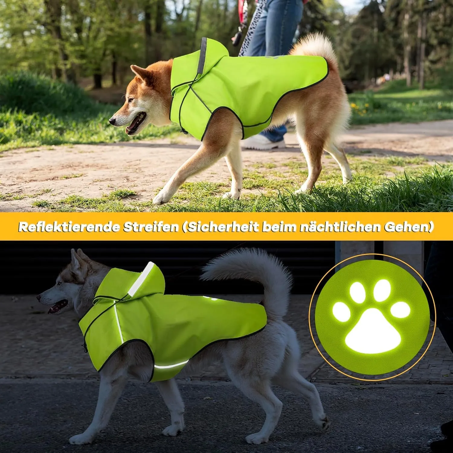 Giacca antipioggia per cani 100% impermeabile – Verde Oxford con cappuccio, dettagli riflettenti e apertura per imbracatura, ultraleggera (taglia media) - immagine 2