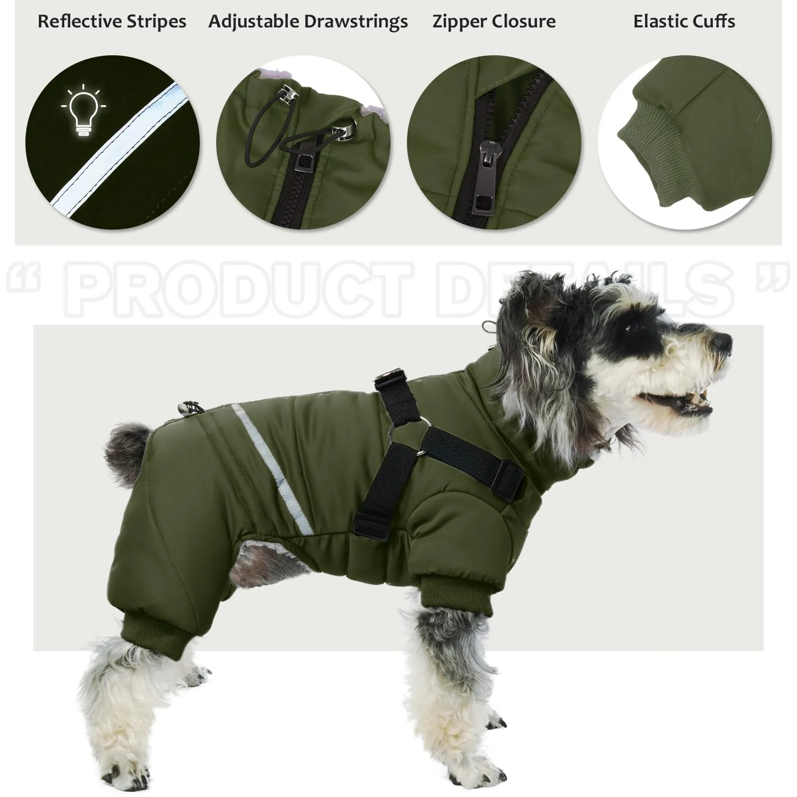 Cappotto invernale impermeabile in piumino per cuccioli, cappotto imbottito per cani per il freddo vestito da neve caldo per chihuahua con imbracatura, gilet invernale antivento in morbido pile (verde - immagine 5