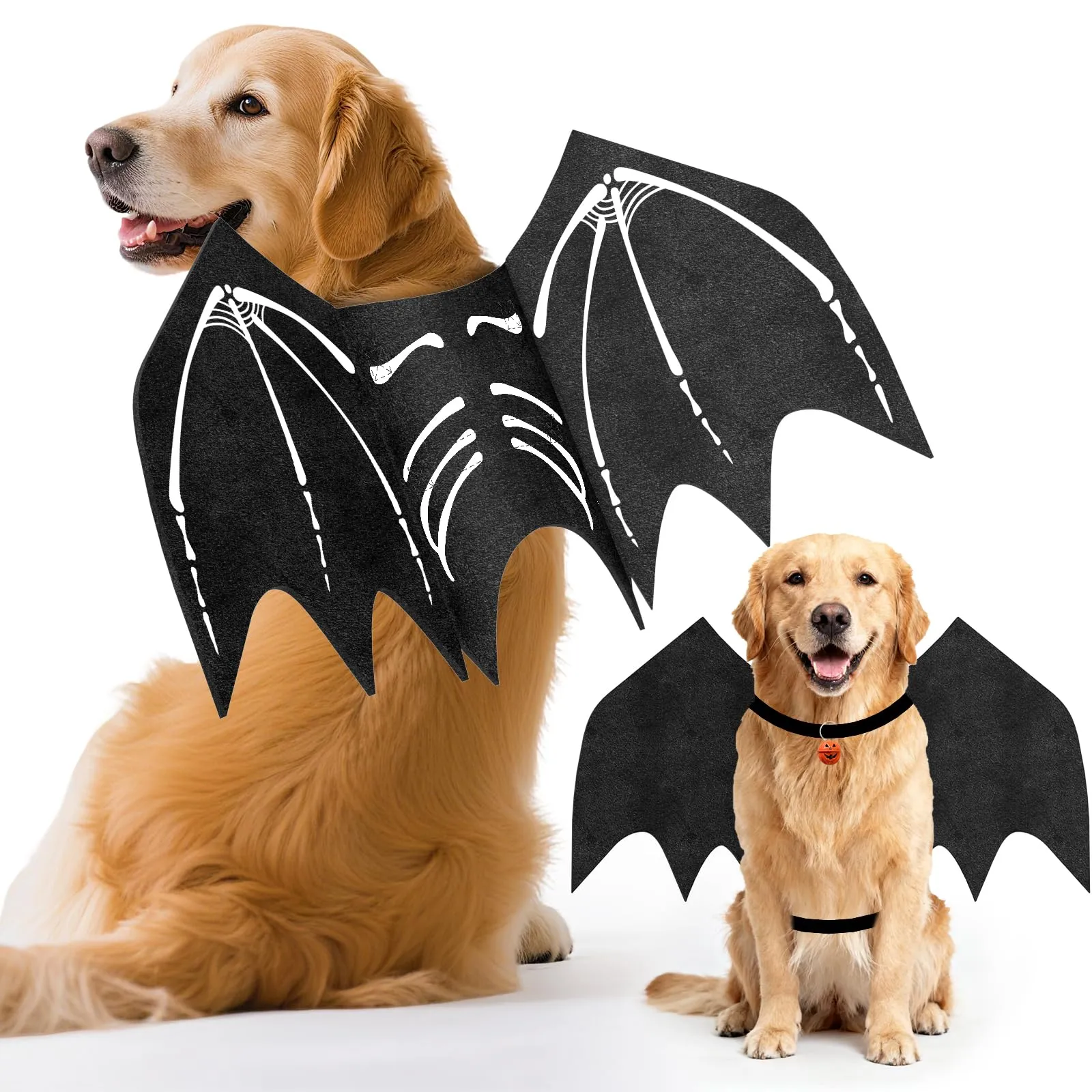 OLANRUN Costumi di Halloween per cani di taglia grande, ali di pipistrello regolabili per cani di taglia grande costume con campana di zucca, stampa scheletro sul retro, costume per animali domestici - immagine 1