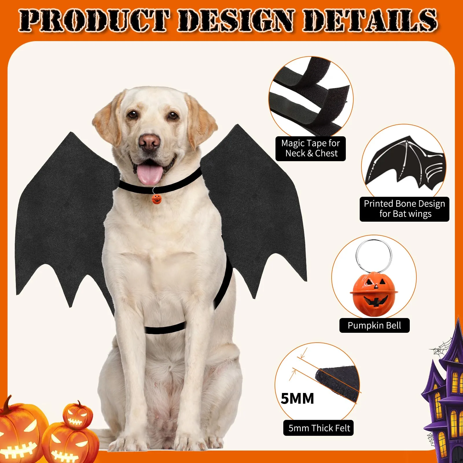 OLANRUN Costumi di Halloween per cani di taglia grande, ali di pipistrello regolabili per cani di taglia grande costume con campana di zucca, stampa scheletro sul retro, costume per animali domestici - immagine 3