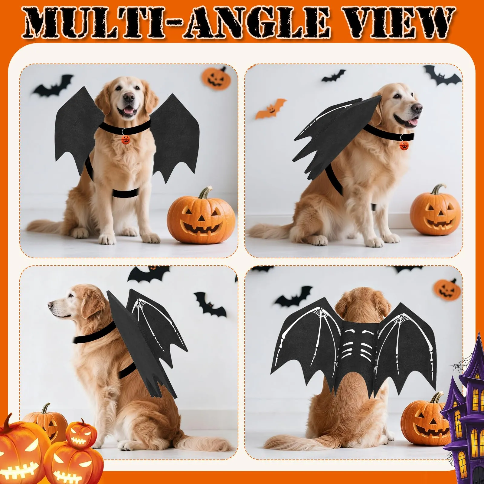OLANRUN Costumi di Halloween per cani di taglia grande, ali di pipistrello regolabili per cani di taglia grande costume con campana di zucca, stampa scheletro sul retro, costume per animali domestici - immagine 4