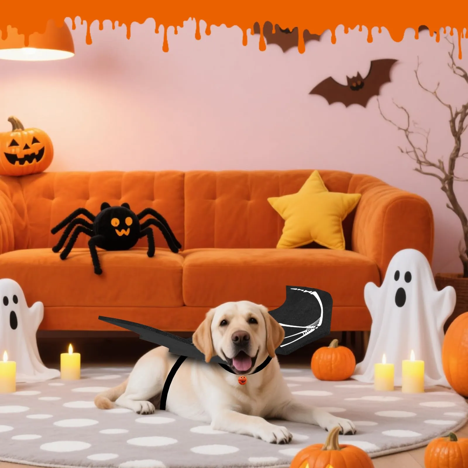 OLANRUN Costumi di Halloween per cani di taglia grande, ali di pipistrello regolabili per cani di taglia grande costume con campana di zucca, stampa scheletro sul retro, costume per animali domestici - immagine 9