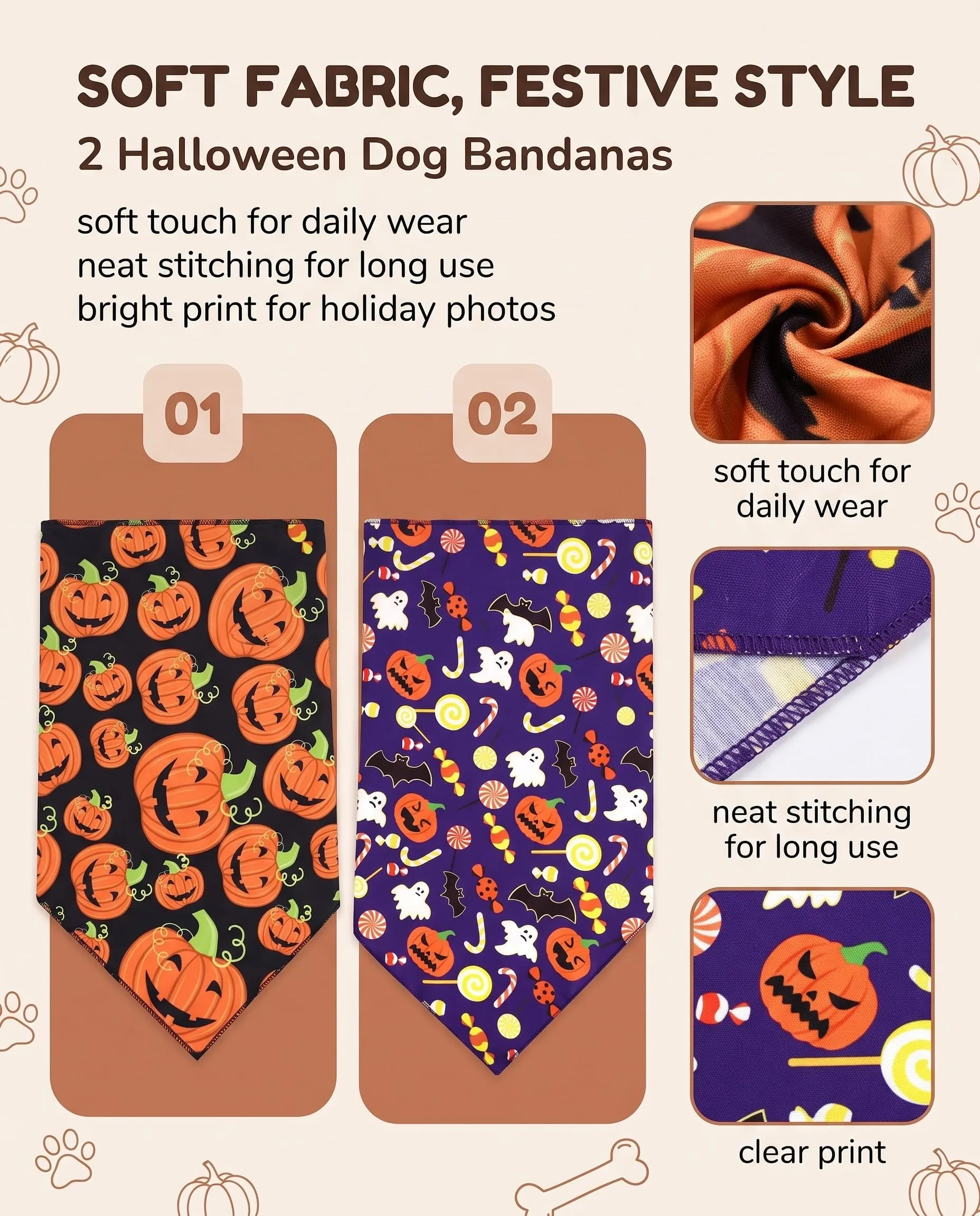 XALFST Bandana per Cani Halloween, 2 Pezzi Sciarpa Triangolo Zucca, Chiusura Clic Sicura e Tessuto Morbido Traspirante per Passeggiate Sicure e Comode - immagine 3