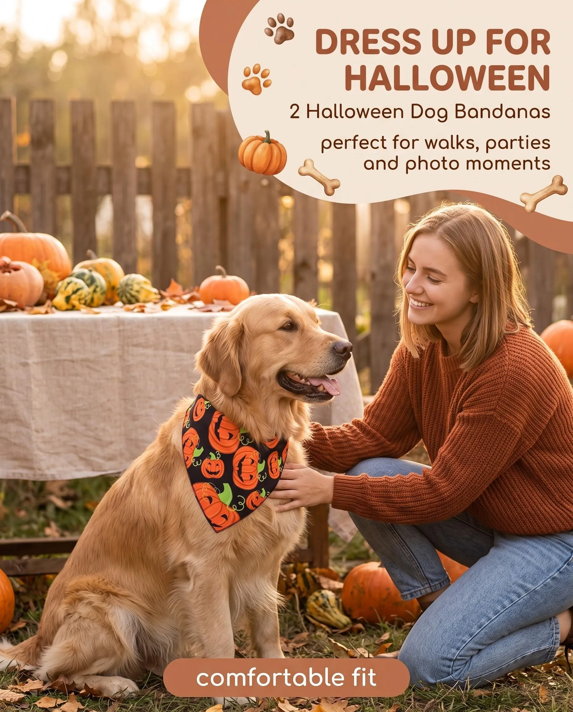 XALFST Bandana per Cani Halloween, 2 Pezzi Sciarpa Triangolo Zucca, Chiusura Clic Sicura e Tessuto Morbido Traspirante per Passeggiate Sicure e Comode - immagine 5