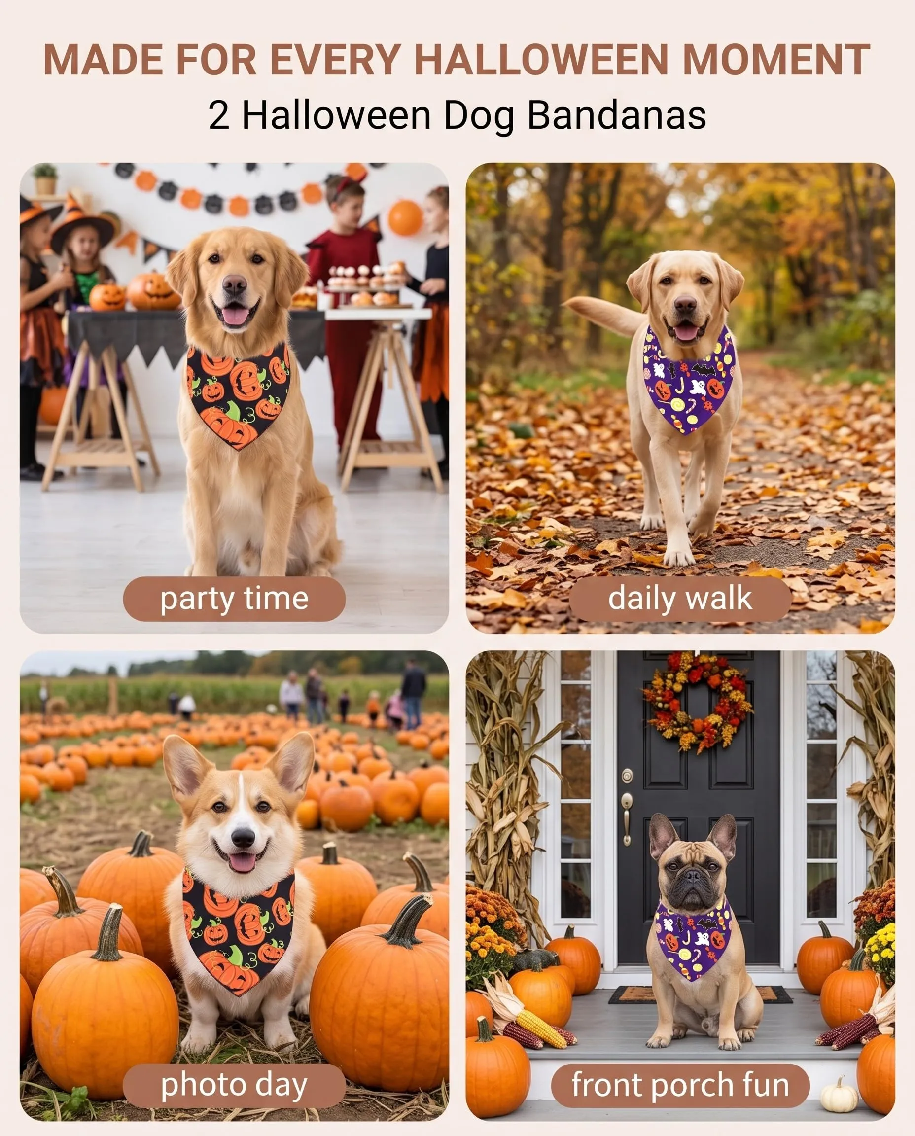 XALFST Bandana per Cani Halloween, 2 Pezzi Sciarpa Triangolo Zucca, Chiusura Clic Sicura e Tessuto Morbido Traspirante per Passeggiate Sicure e Comode - immagine 6