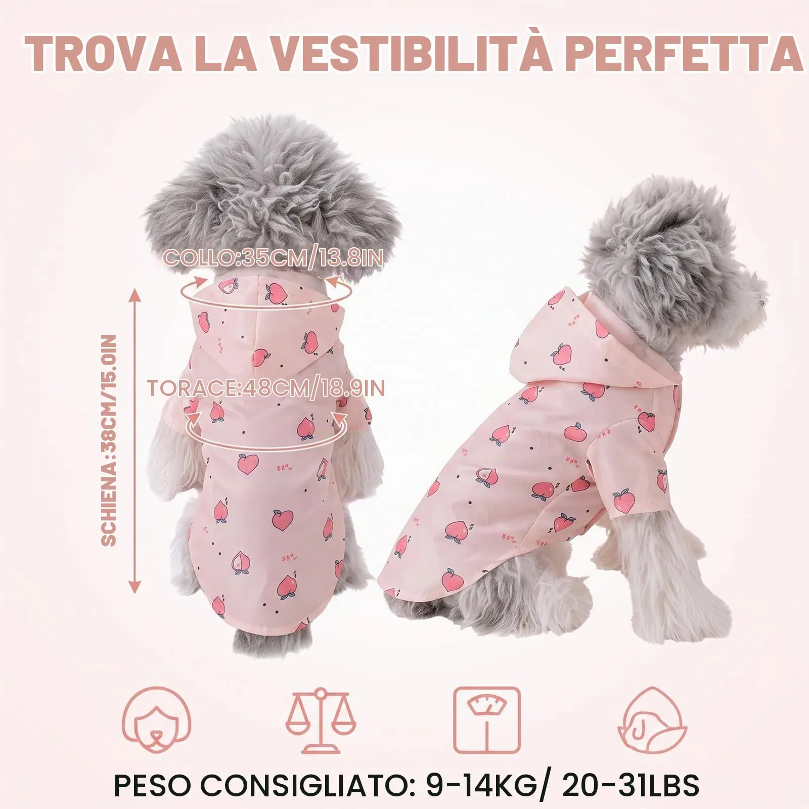 Impermeabile Cane Taglia Piccola e Gatti, Mantellina Pioggia Leggera per Cuccioli 2-5kg, Giacca Impermeabile Regolabile in Poliestere, Protezione Outdoor, Rosa con Pesche, Taglia S - immagine 8