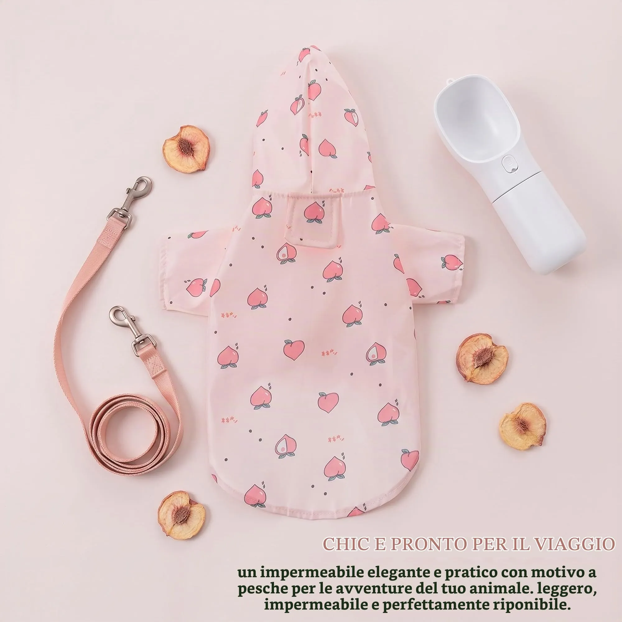 Impermeabile Cane Taglia Piccola e Gatti, Mantellina Pioggia Leggera per Cuccioli 2-5kg, Giacca Impermeabile Regolabile in Poliestere, Protezione Outdoor, Rosa con Pesche, Taglia S - immagine 9