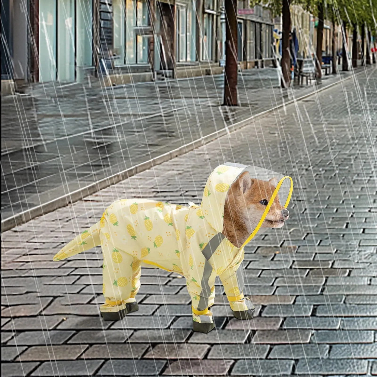 Generisch Impermeabile per cani di piccola taglia, con anello a D, poncho impermeabile con strisce riflettenti, con stivali da pioggia per clima bagnato (giallo chiaro, L) - immagine 3