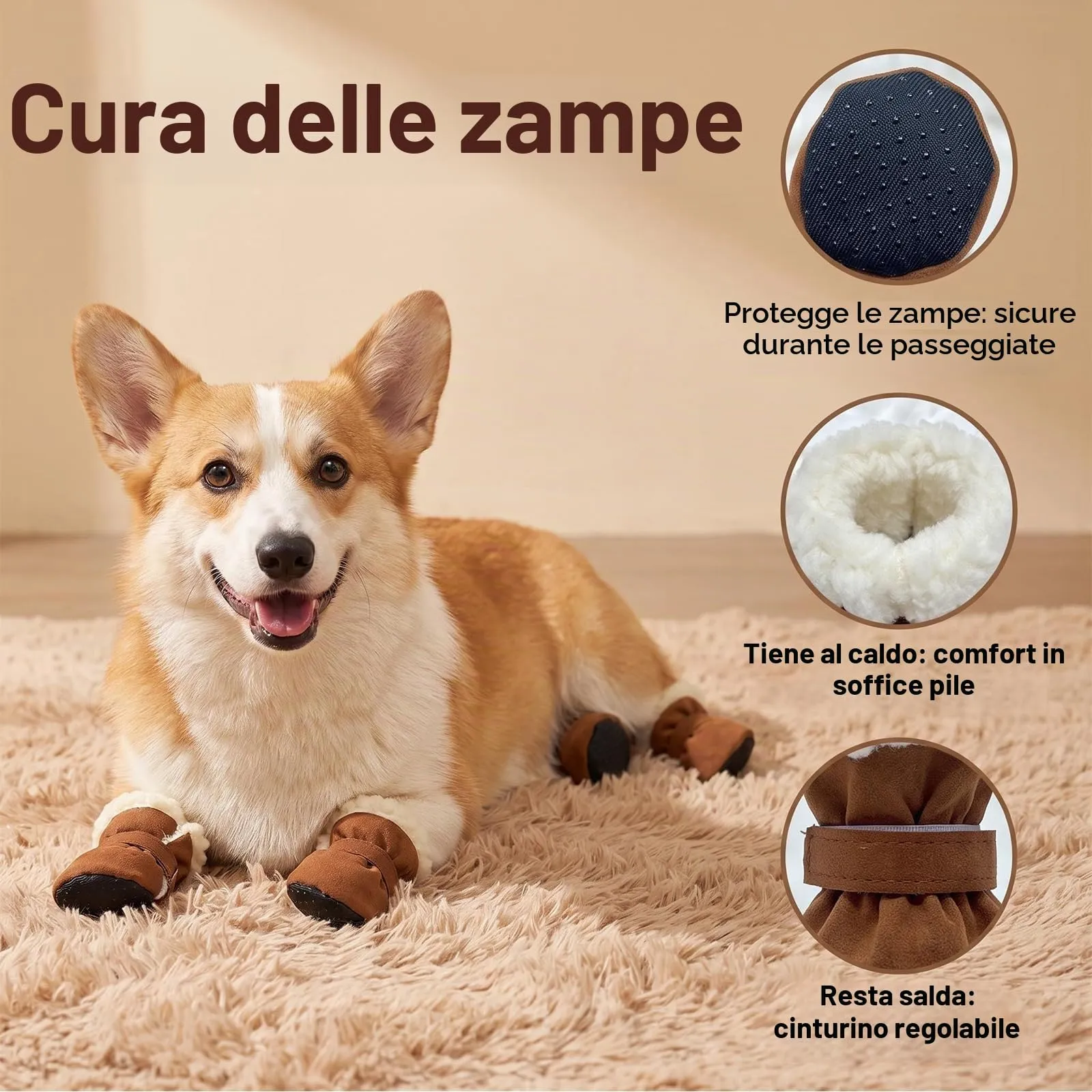 4 Pezzi Scarpette per Cani Morbido e Confortevole Scarpe Cane Marrone 4,5CM - immagine 3