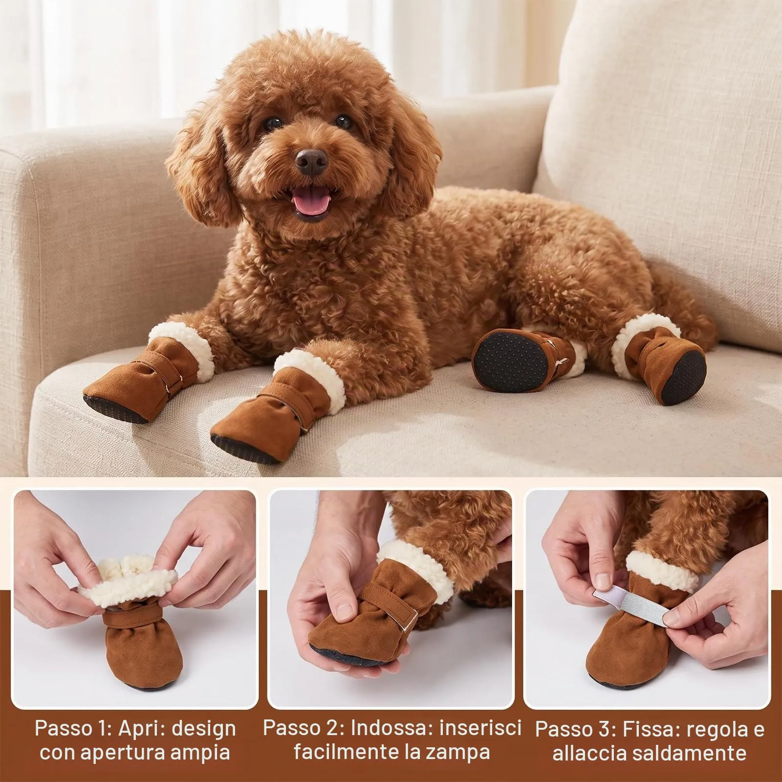 4 Pezzi Scarpette per Cani Morbido e Confortevole Scarpe Cane Marrone 4,5CM - immagine 5