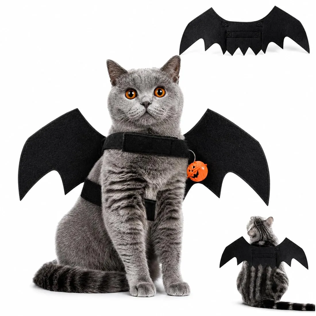 ZVORBH Ali da Pipistrello Regolabili per Gatto, Costume di Halloween con Campana a Zucca, Accessorio Cosplay per Animali Domestici - immagine 1