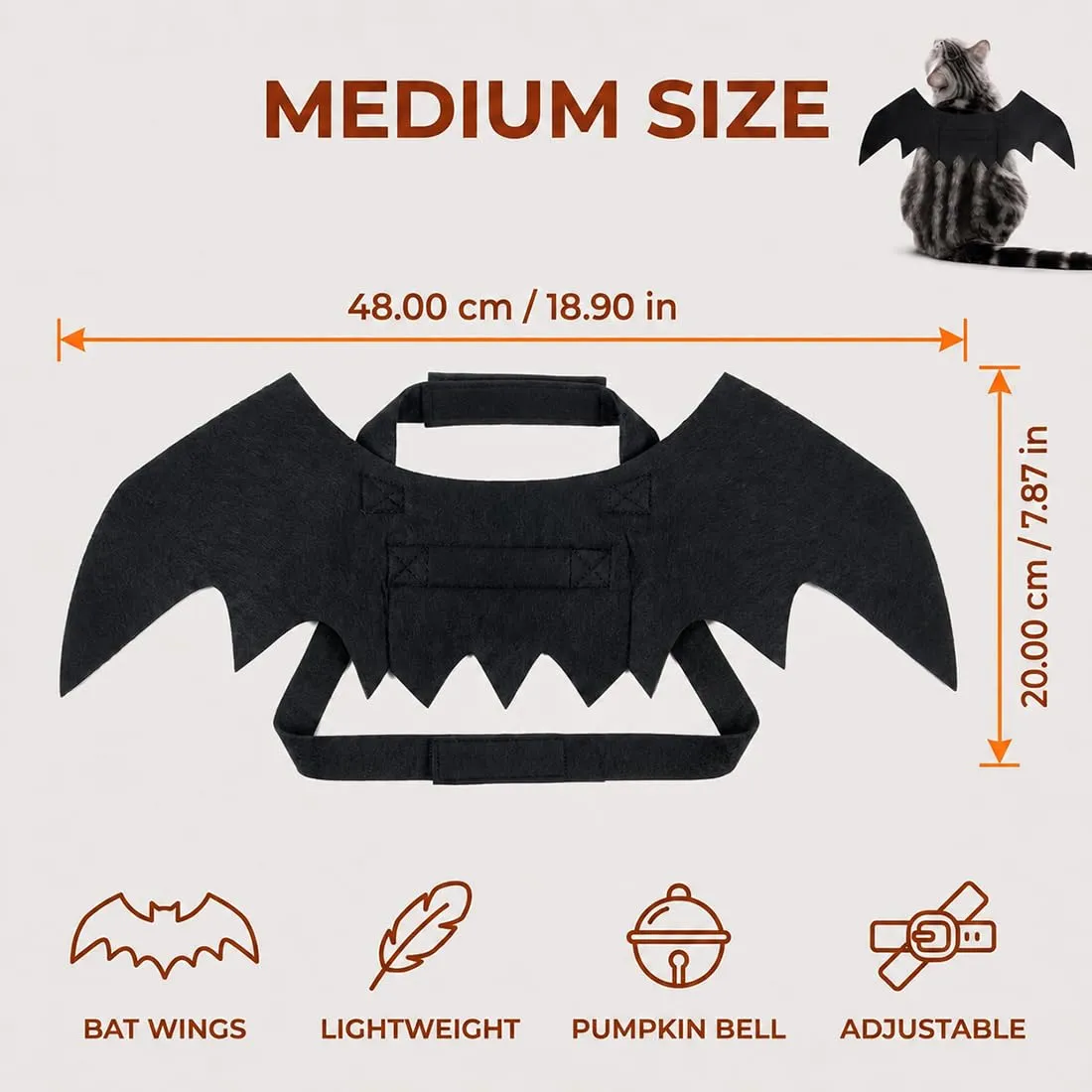 ZVORBH Ali da Pipistrello Regolabili per Gatto, Costume di Halloween con Campana a Zucca, Accessorio Cosplay per Animali Domestici - immagine 2