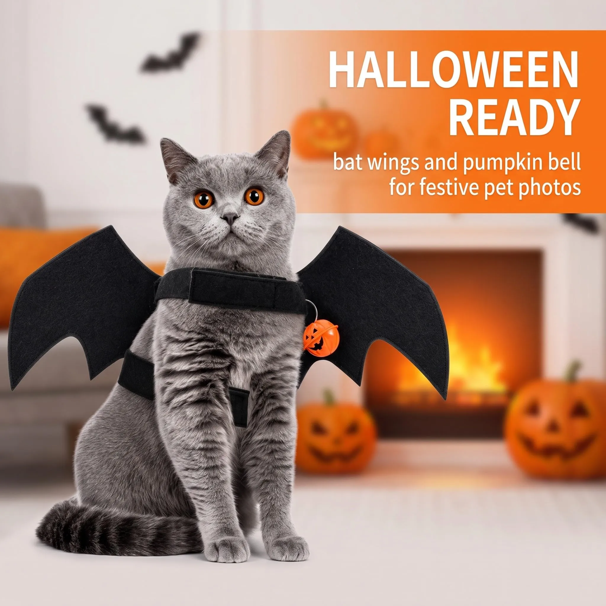 ZVORBH Ali da Pipistrello Regolabili per Gatto, Costume di Halloween con Campana a Zucca, Accessorio Cosplay per Animali Domestici - immagine 6