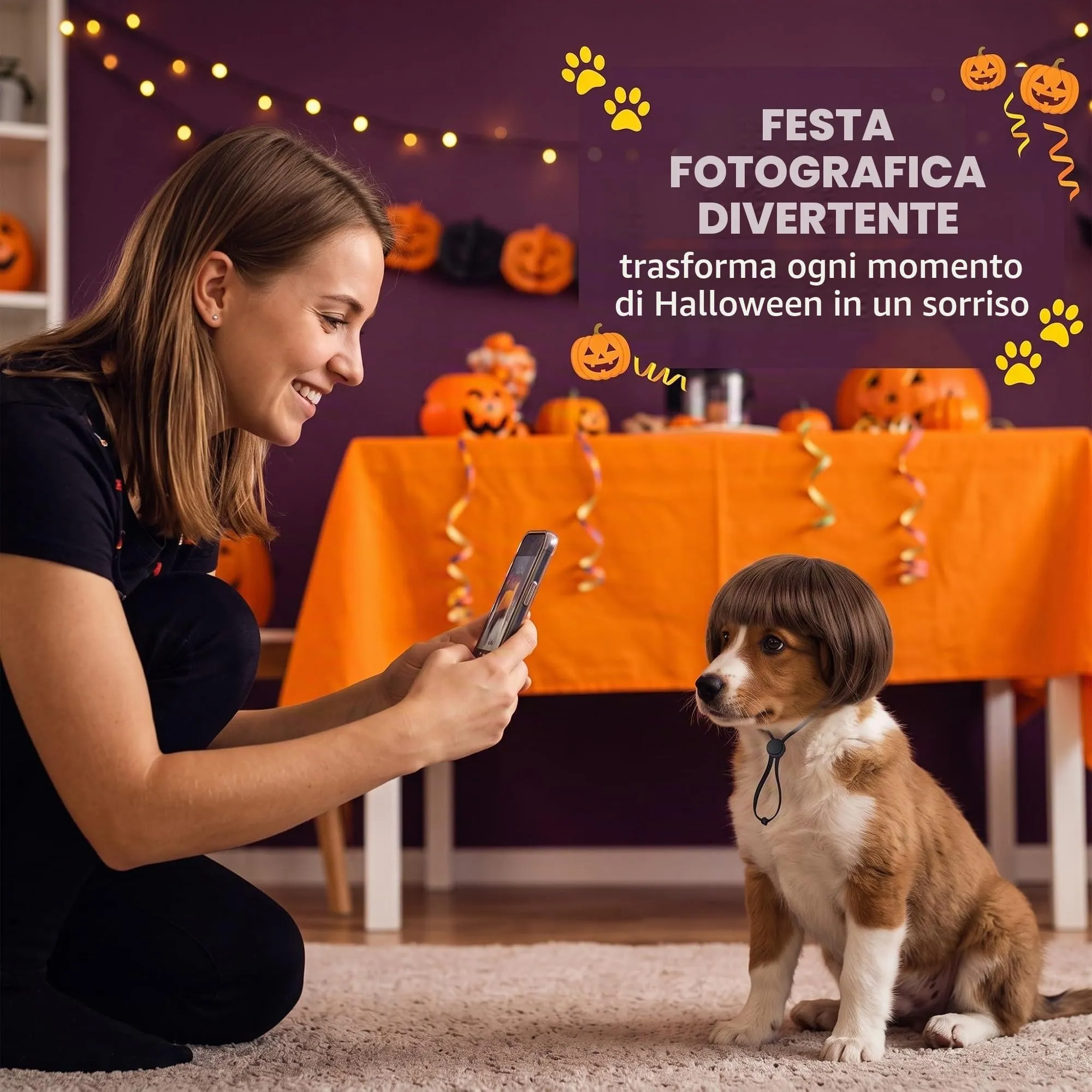 IMLDUY Parrucca per Cani e Gatti con Frangetta, Costume Cane e Gatto Marrone per Halloween, Natale e Feste, Cappello Divertente per Animali Domestici Piccoli, Accessori per Travestimento Cosplay - immagine 2