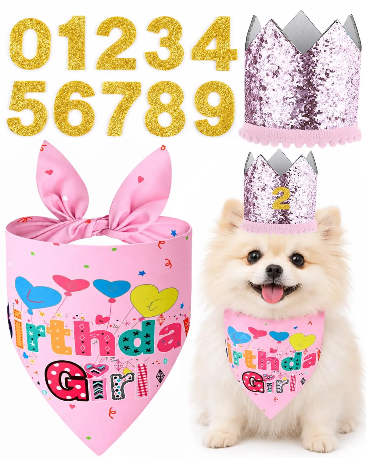 JIRVEX 3 Pezzi Compleanno Cane Rosa, Cappellino per Cani a Corona Glitter, Bandana Birthday Girl e Numeri Dorati, Decorazioni per Festa di Compleanno del Cane - immagine 1