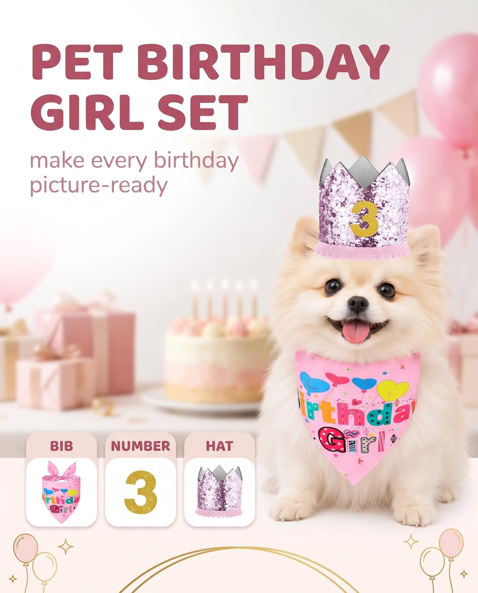 JIRVEX 3 Pezzi Compleanno Cane Rosa, Cappellino per Cani a Corona Glitter, Bandana Birthday Girl e Numeri Dorati, Decorazioni per Festa di Compleanno del Cane - immagine 2