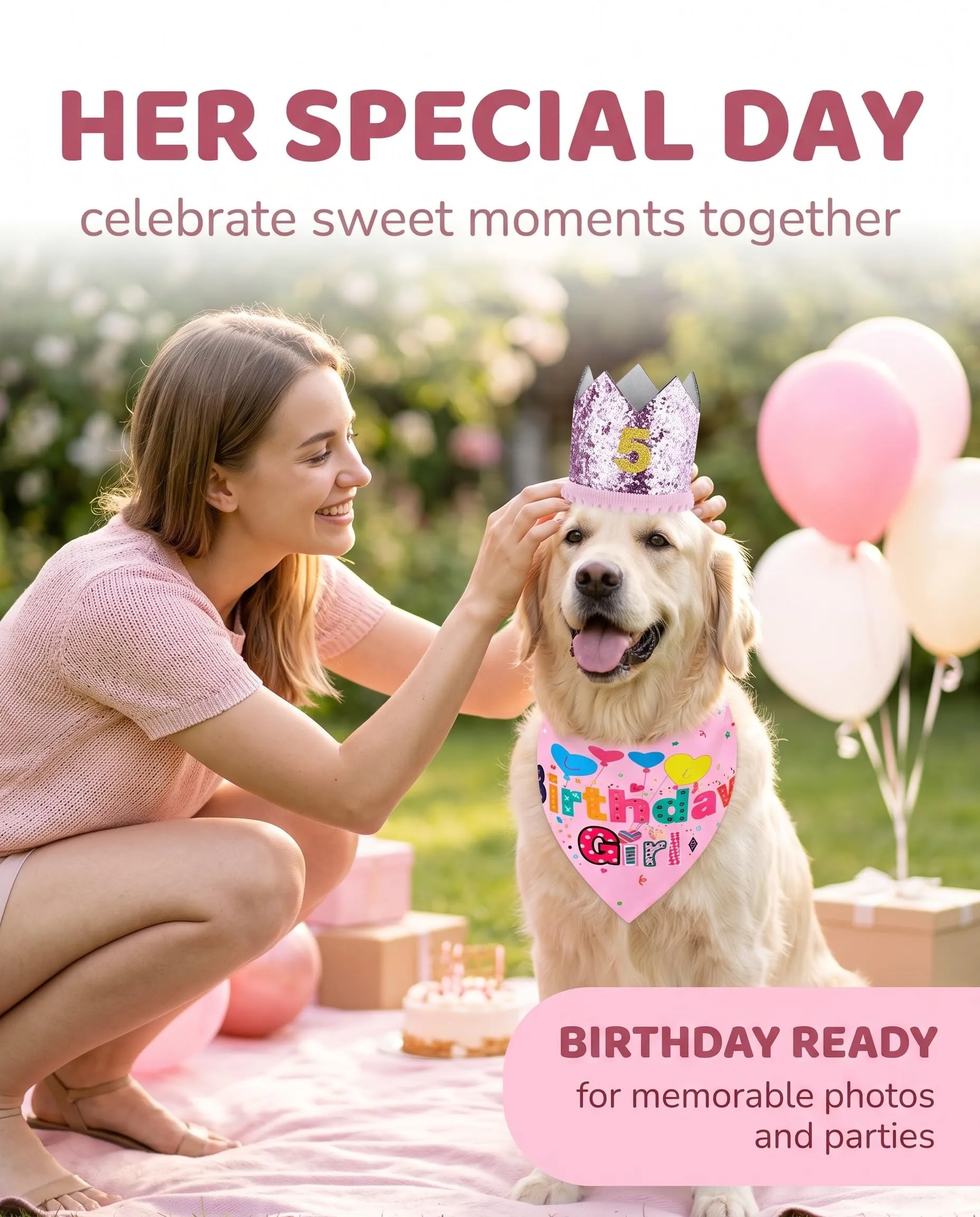JIRVEX 3 Pezzi Compleanno Cane Rosa, Cappellino per Cani a Corona Glitter, Bandana Birthday Girl e Numeri Dorati, Decorazioni per Festa di Compleanno del Cane - immagine 3