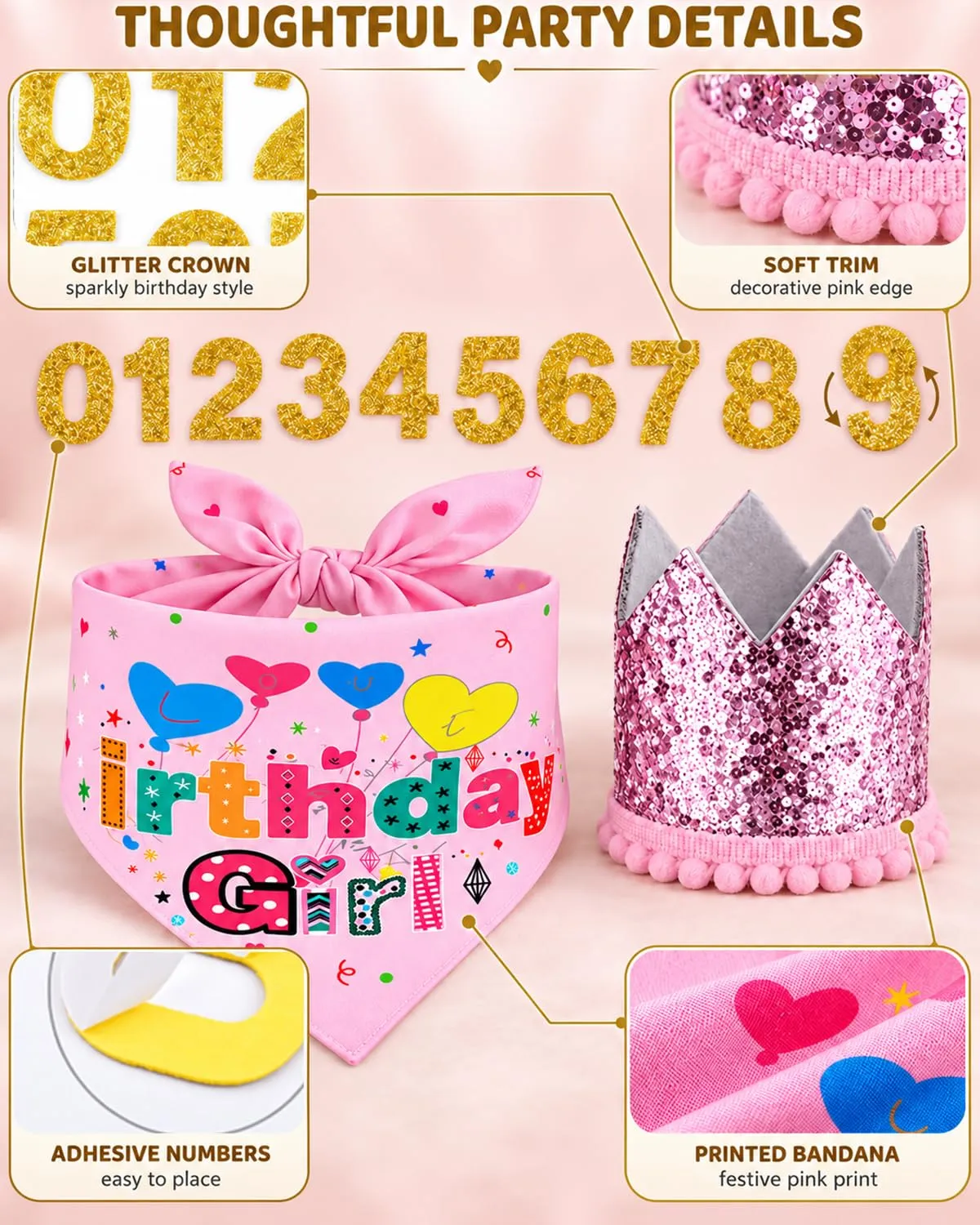 JIRVEX 3 Pezzi Compleanno Cane Rosa, Cappellino per Cani a Corona Glitter, Bandana Birthday Girl e Numeri Dorati, Decorazioni per Festa di Compleanno del Cane - immagine 4