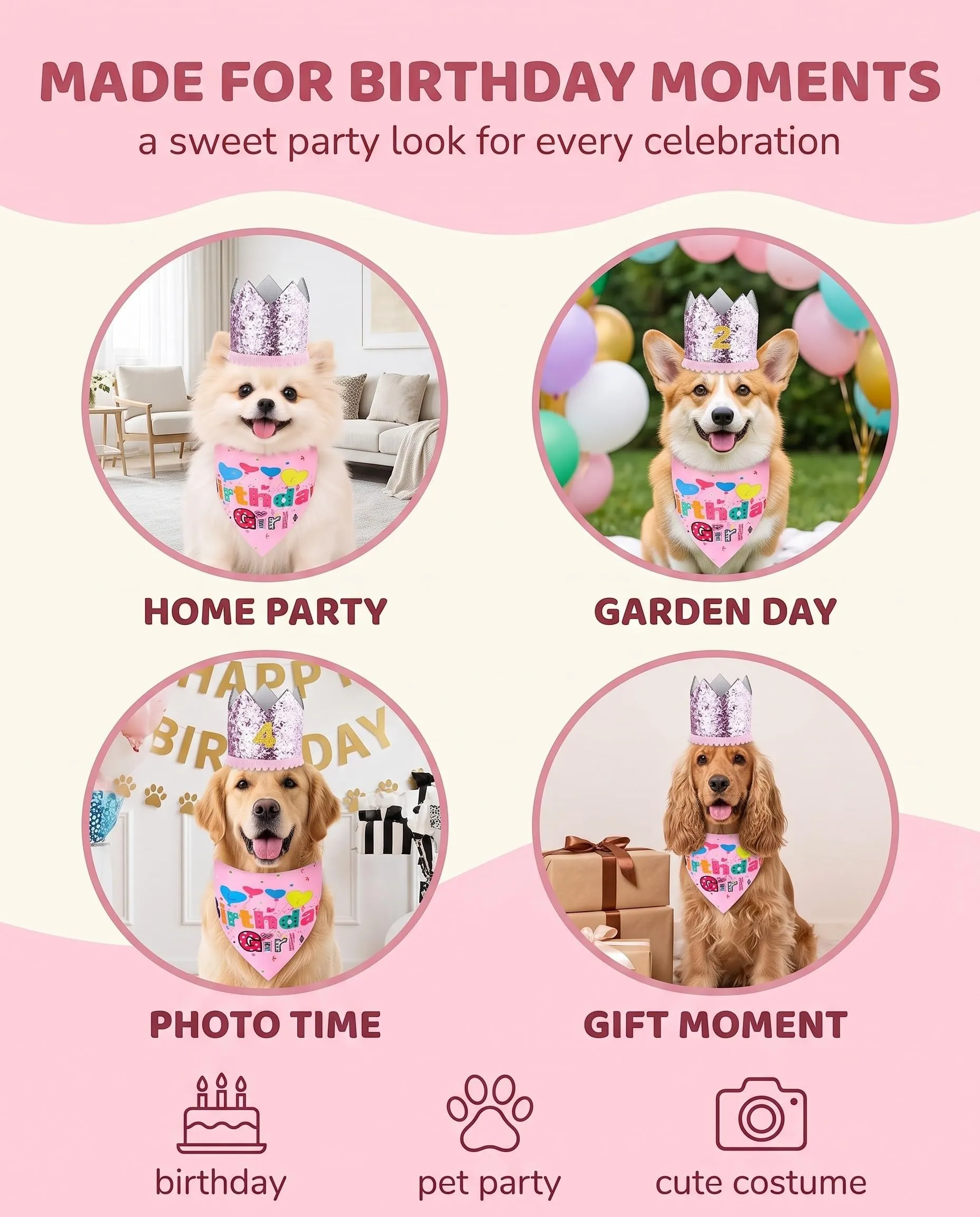JIRVEX 3 Pezzi Compleanno Cane Rosa, Cappellino per Cani a Corona Glitter, Bandana Birthday Girl e Numeri Dorati, Decorazioni per Festa di Compleanno del Cane - immagine 5