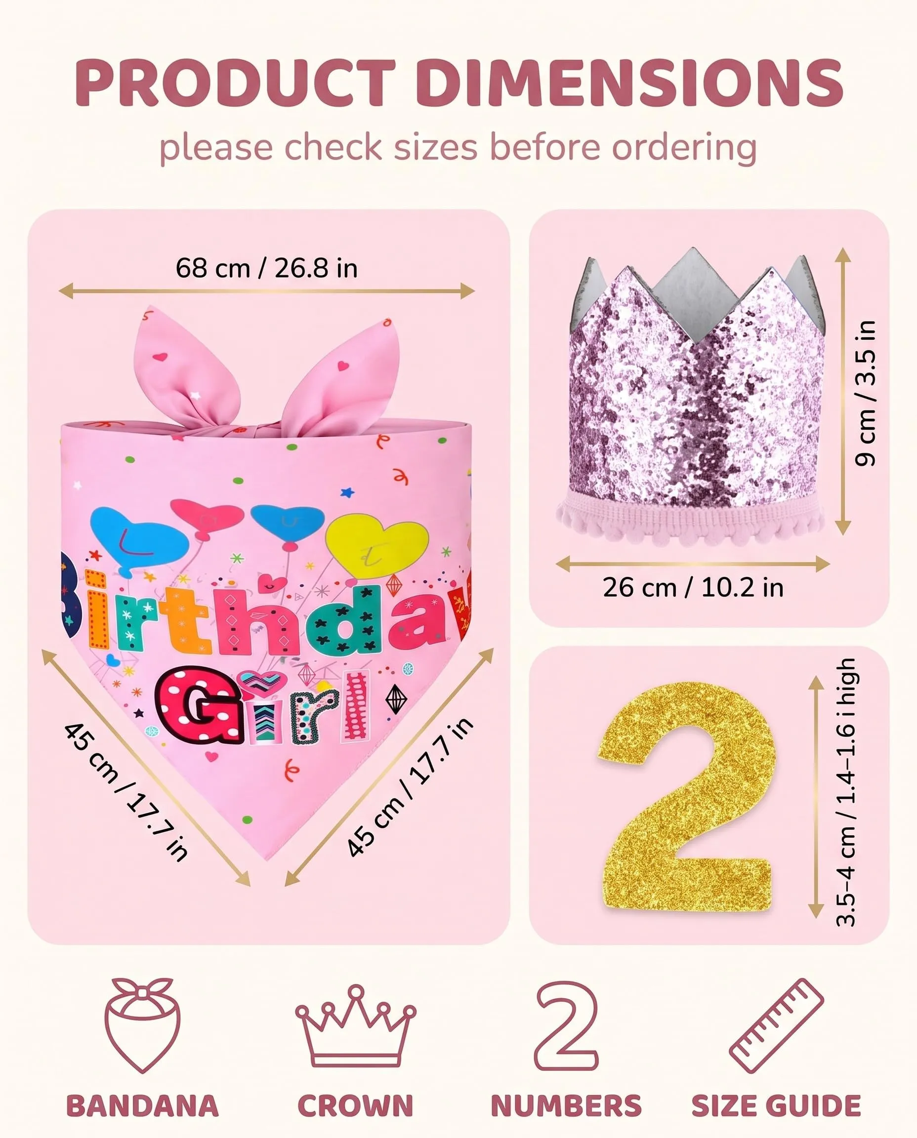 JIRVEX 3 Pezzi Compleanno Cane Rosa, Cappellino per Cani a Corona Glitter, Bandana Birthday Girl e Numeri Dorati, Decorazioni per Festa di Compleanno del Cane - immagine 6