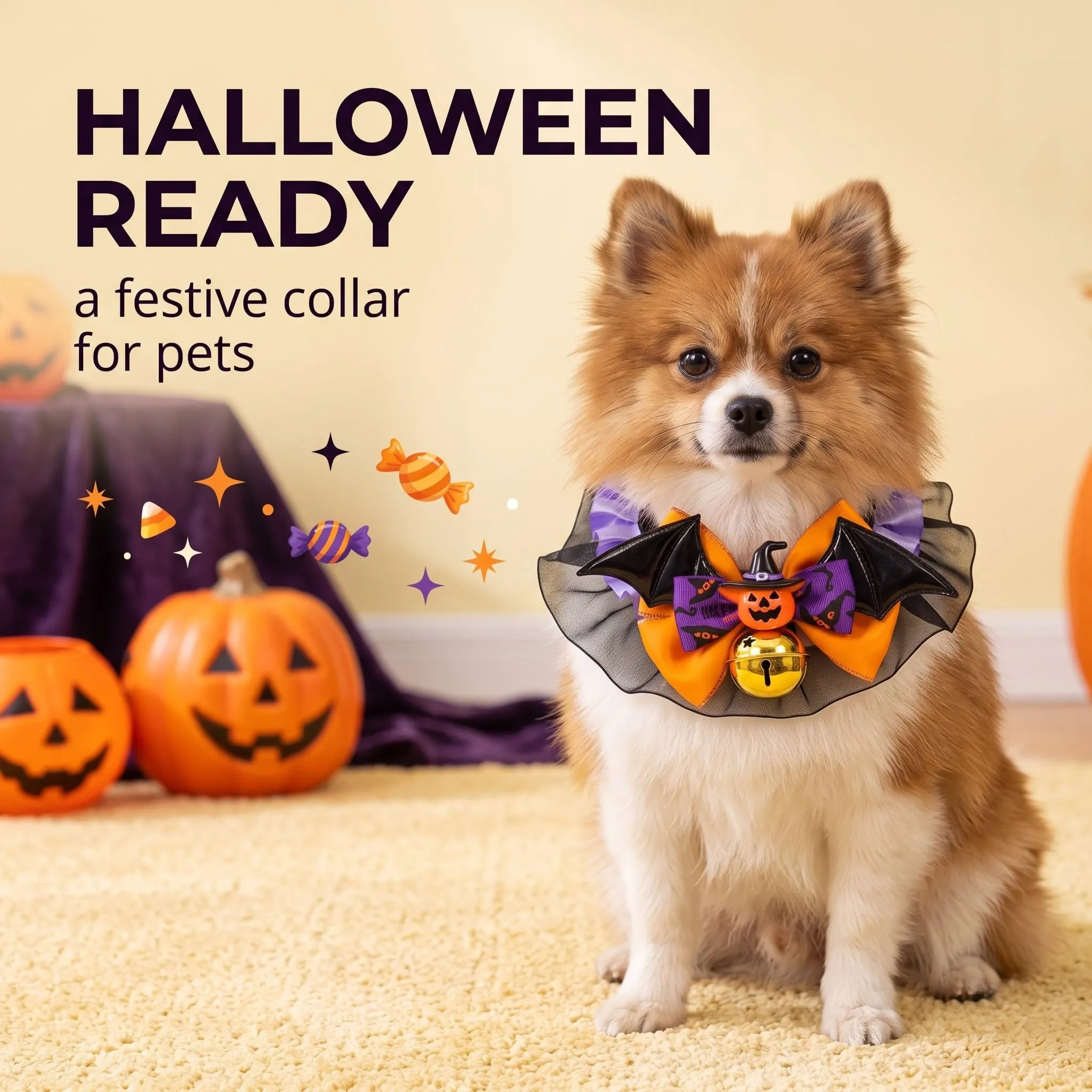 Collare Cane Halloween con Papillon Zucca, Accessori Halloween Animali Domestici, Collare Gatto Regolabile Taglia M per Travestimento Festa e Foto - immagine 2