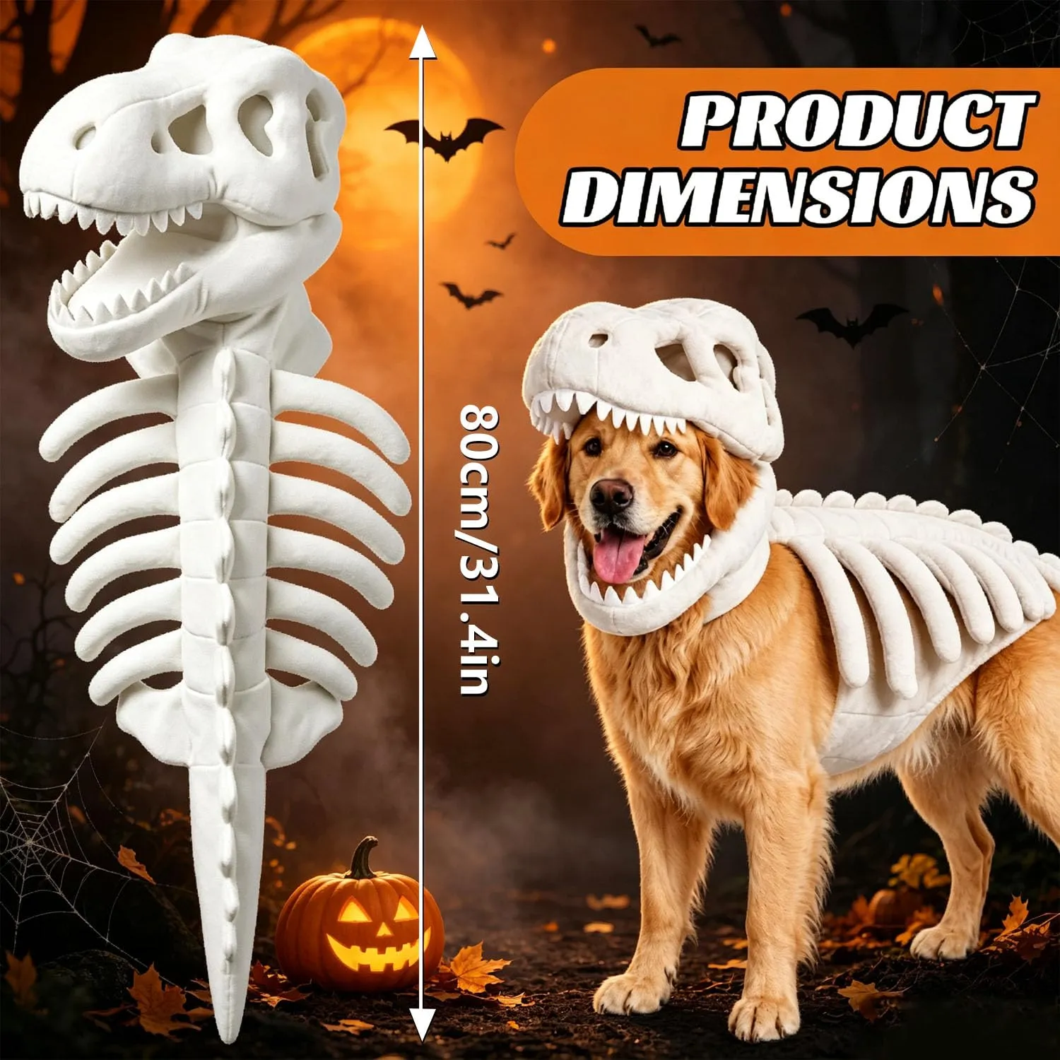 Costume da scheletro di dinosauro per cani, 80cm Costume da Dinosauro di Peluche per cani, Costume Da Scheletro Di Dinosauro Gatto Di Halloween, Spinosaurus Plush Dino Outfit, per Halloween, foto - immagine 2