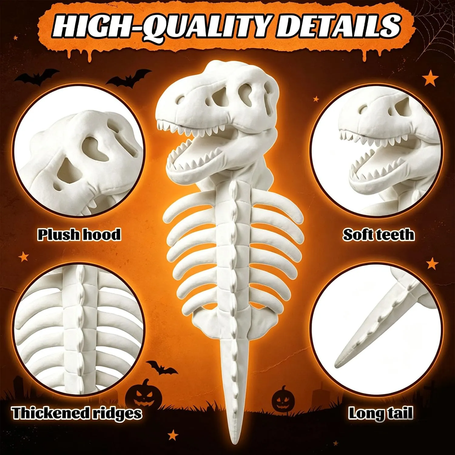 Costume da scheletro di dinosauro per cani, 80cm Costume da Dinosauro di Peluche per cani, Costume Da Scheletro Di Dinosauro Gatto Di Halloween, Spinosaurus Plush Dino Outfit, per Halloween, foto - immagine 3