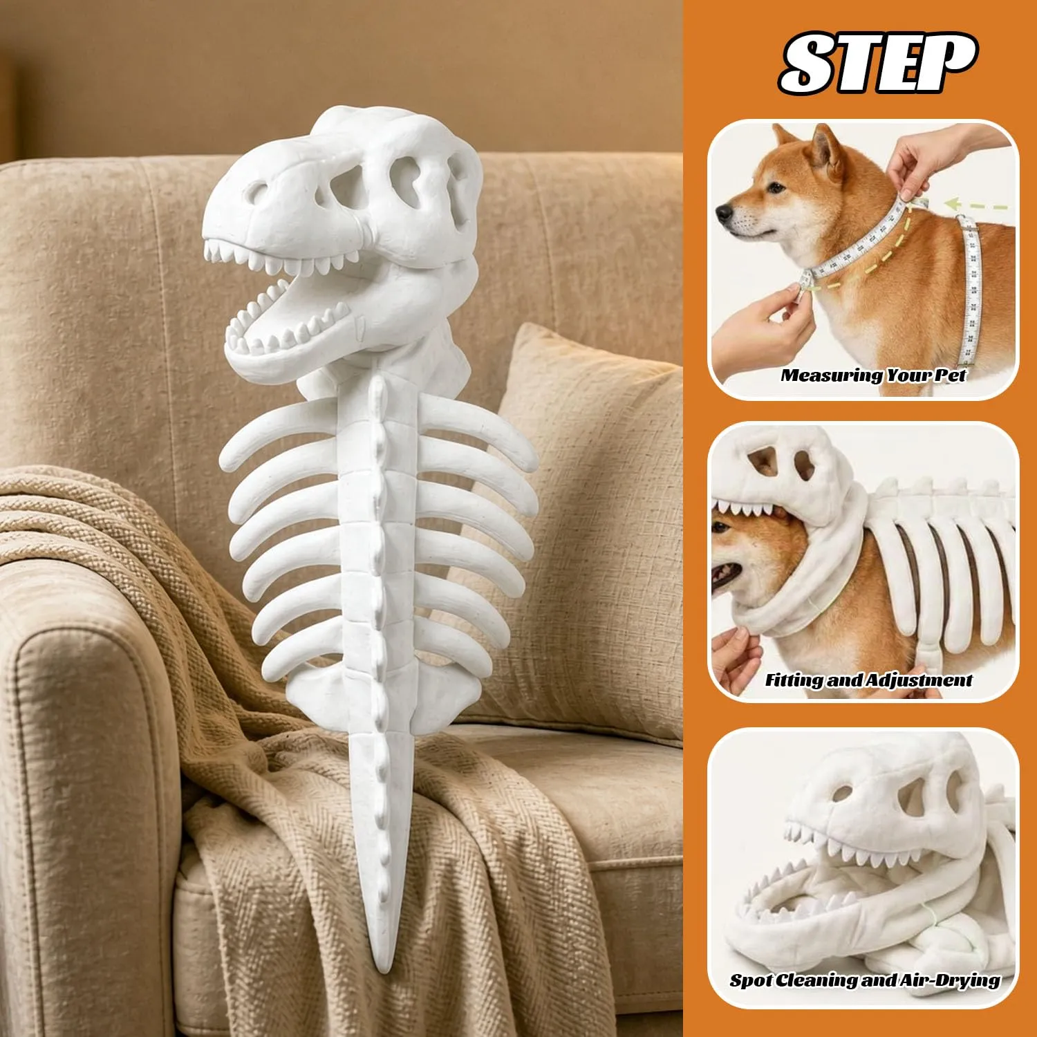 Costume da scheletro di dinosauro per cani, 80cm Costume da Dinosauro di Peluche per cani, Costume Da Scheletro Di Dinosauro Gatto Di Halloween, Spinosaurus Plush Dino Outfit, per Halloween, foto - immagine 4