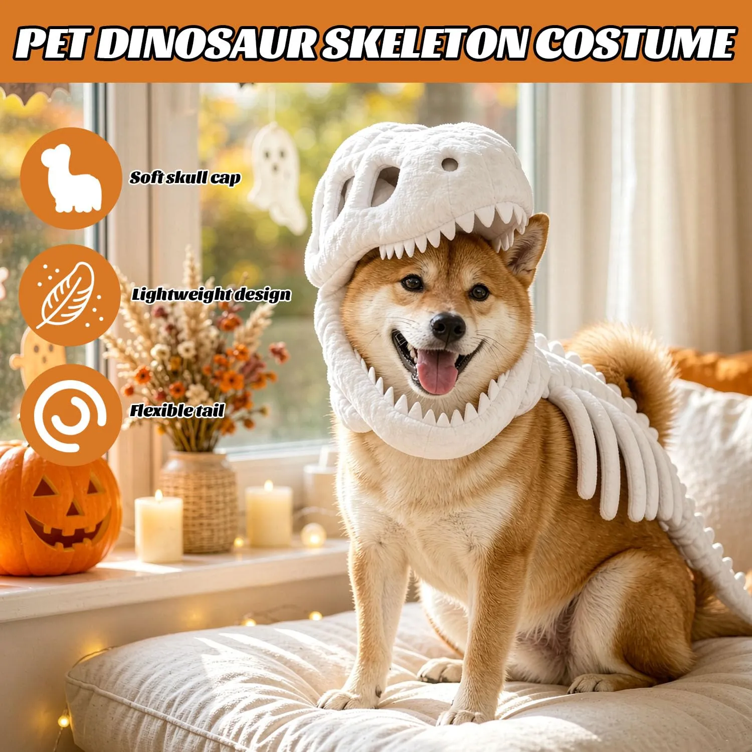 Costume da scheletro di dinosauro per cani, 80cm Costume da Dinosauro di Peluche per cani, Costume Da Scheletro Di Dinosauro Gatto Di Halloween, Spinosaurus Plush Dino Outfit, per Halloween, foto - immagine 5