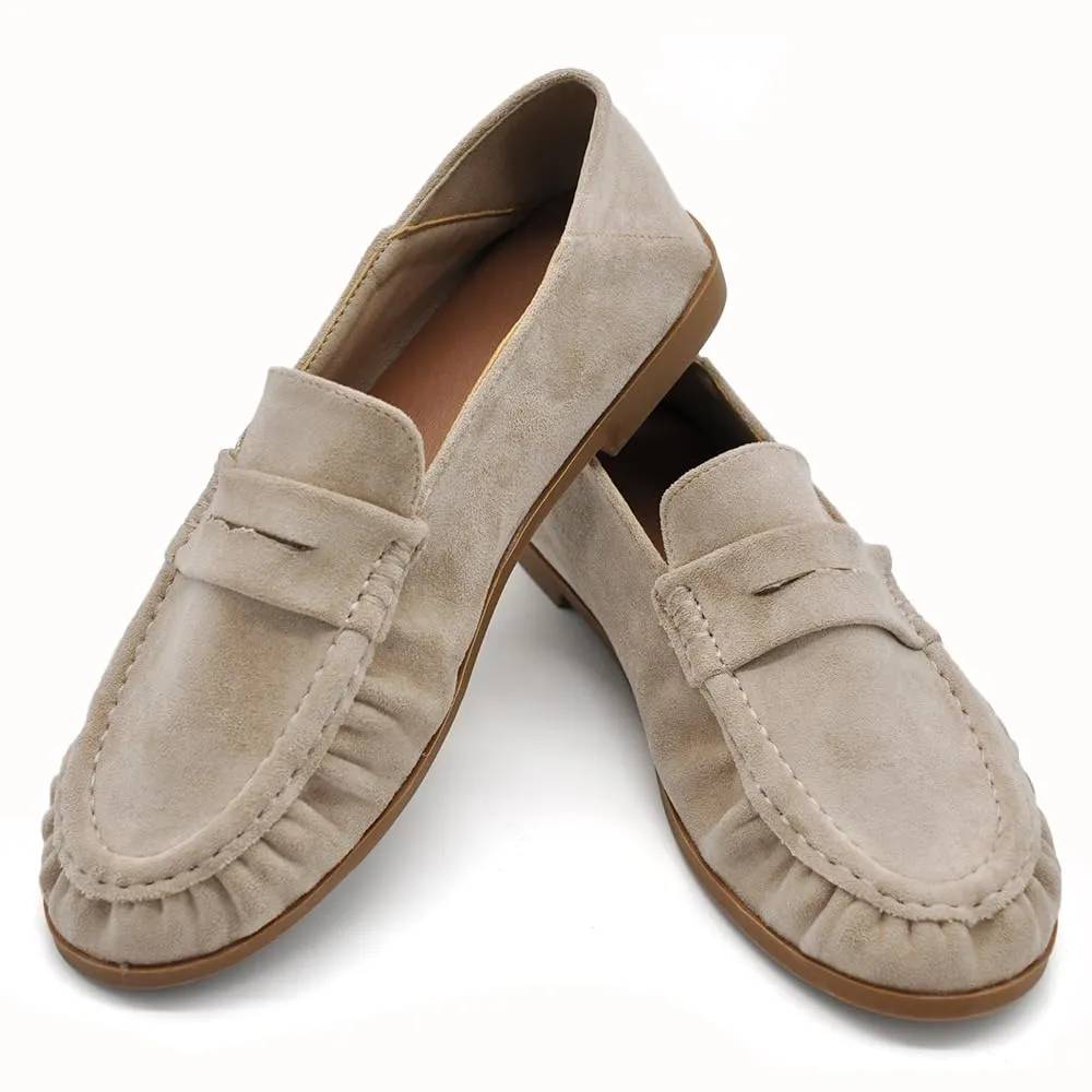Mocassini Donna Morbidi Scamosciati, Penny Loafer con Bordo Arricciato, Scarpe Basse Comode Casual H178 Beige N.38 - immagine 3