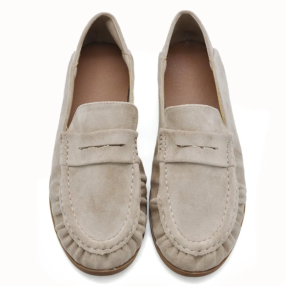 Mocassini Donna Morbidi Scamosciati, Penny Loafer con Bordo Arricciato, Scarpe Basse Comode Casual H178 Beige N.41 - immagine 2
