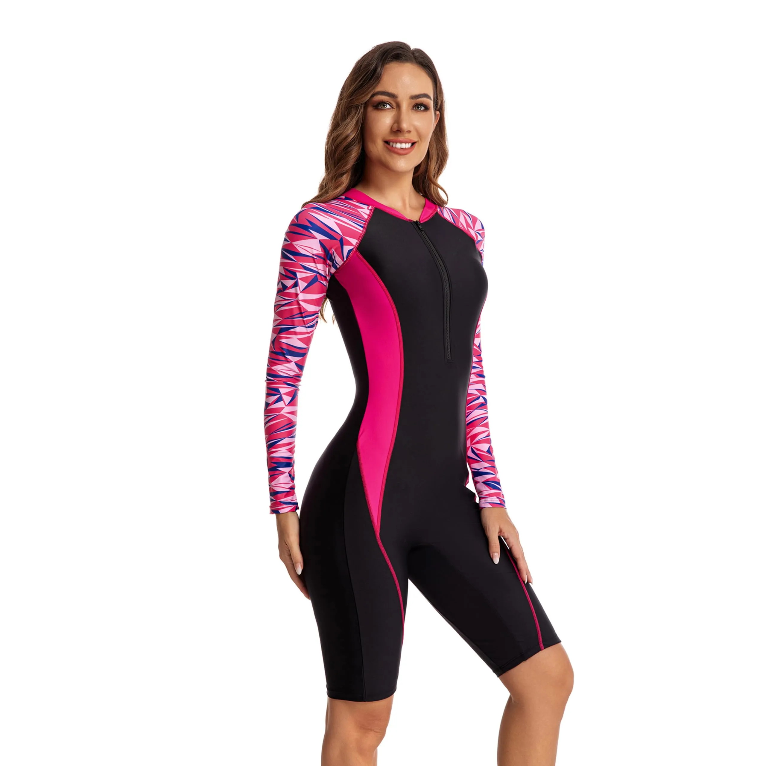 BEACHKINI Rash Guard Donna, Costume Intero a Maniche Lunghe con Cerniera Frontale, Fino al Ginocchio, Geometrico Rosa,XL - immagine 5