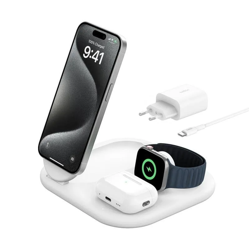 Caricatore Belkin BoostCharge 3 in 1 Qi2 wireless 15W pieghevole bianco - immagine 1