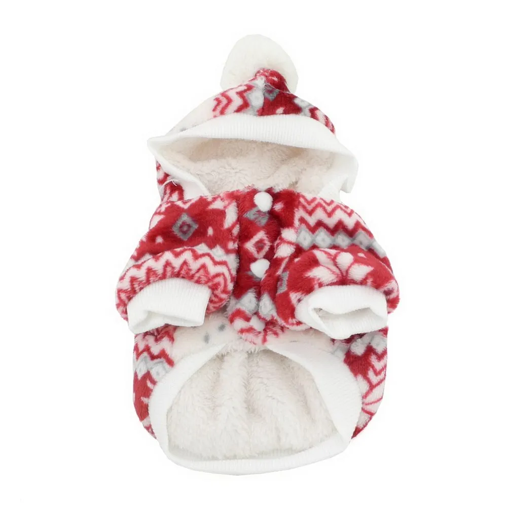 Selmai - Cappotto natalizio con cappuccio per cani di piccola taglia, in pile, con motivo a fiocchi di neve - immagine 3