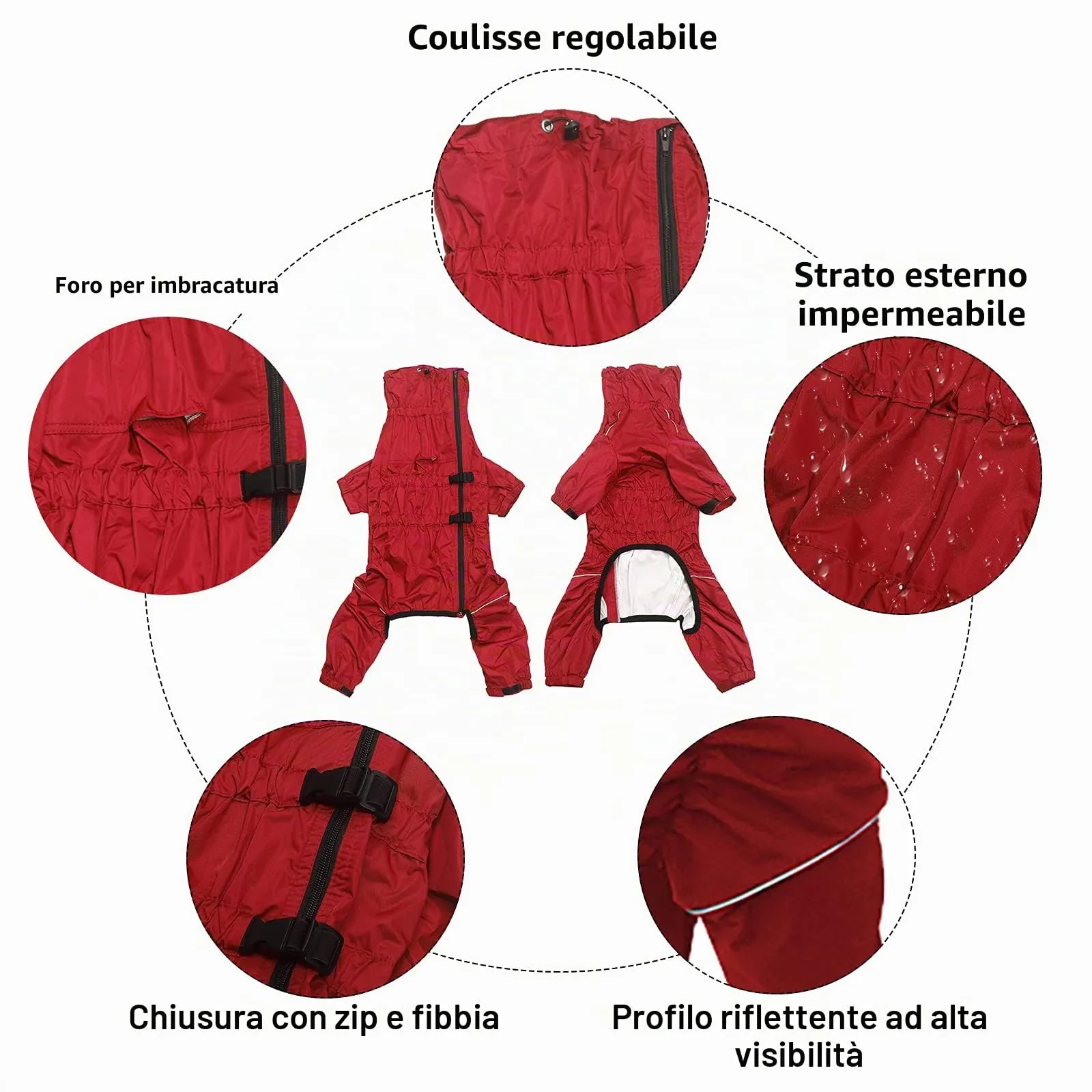 Geyecete - 1/2 zampe pantaloni tuta impermeabile per cani, 4 gambe riflettente pioggia impermeabile Gear per cani, Con cerniera e fibbia, per cuccioli piccolo e medio-Rosso-S - immagine 2