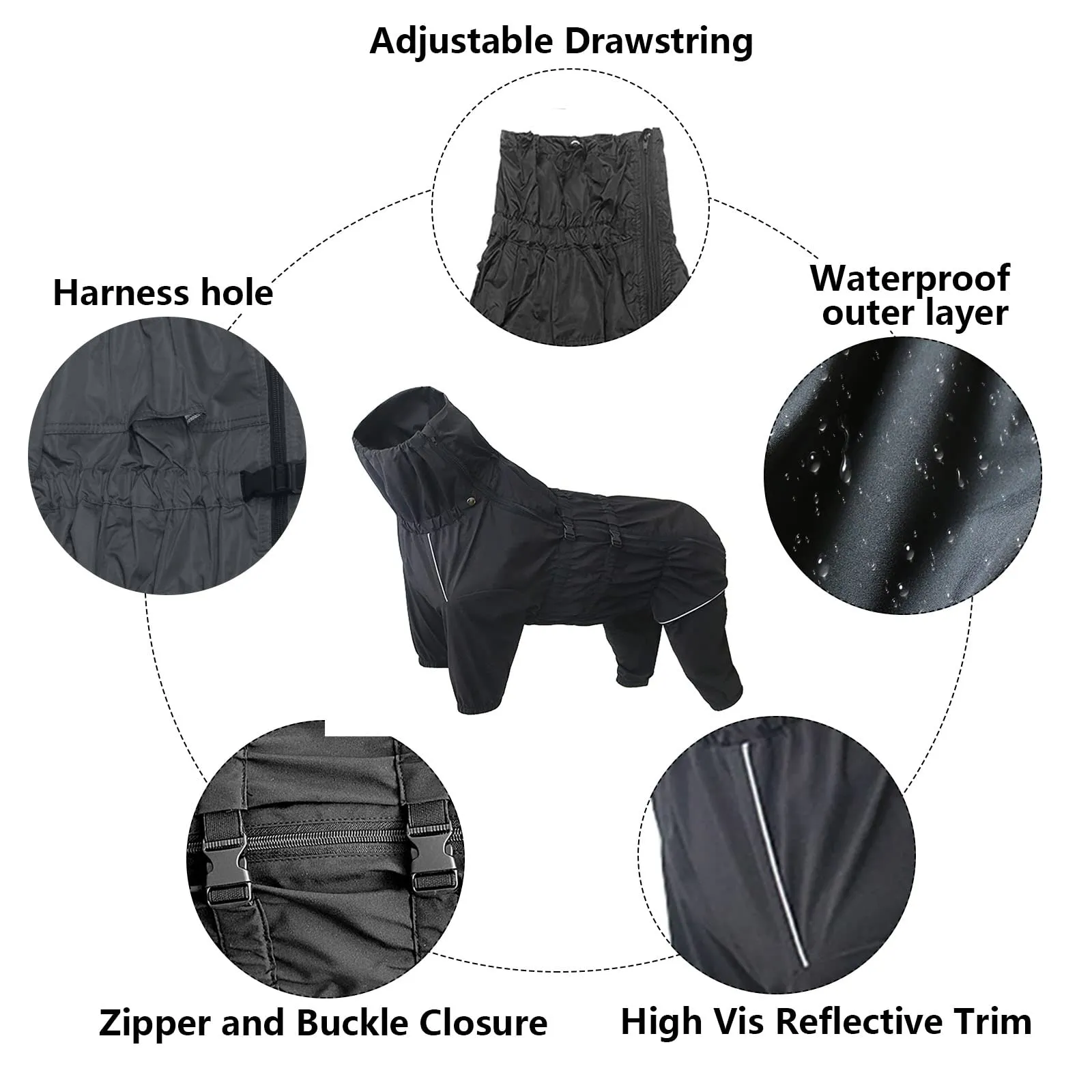 Geyecete - 1/2 zampe pantaloni tuta impermeabile per cani, 4 gambe riflettente pioggia impermeabile Gear per cani, Con cerniera e fibbia, per cuccioli piccolo e medio-Nero-XXL - immagine 2