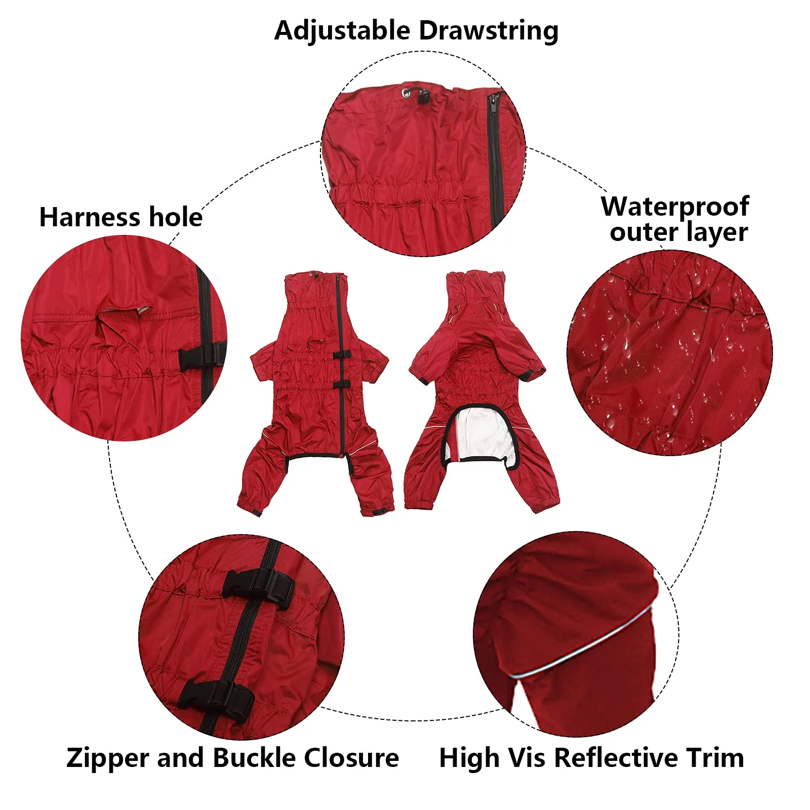 Geyecete - 1/2 zampe pantaloni tuta impermeabile per cani, 4 gambe riflettente pioggia impermeabile Gear per cani, Con cerniera e fibbia, per cuccioli piccolo e medio-Rosso-XL - immagine 2